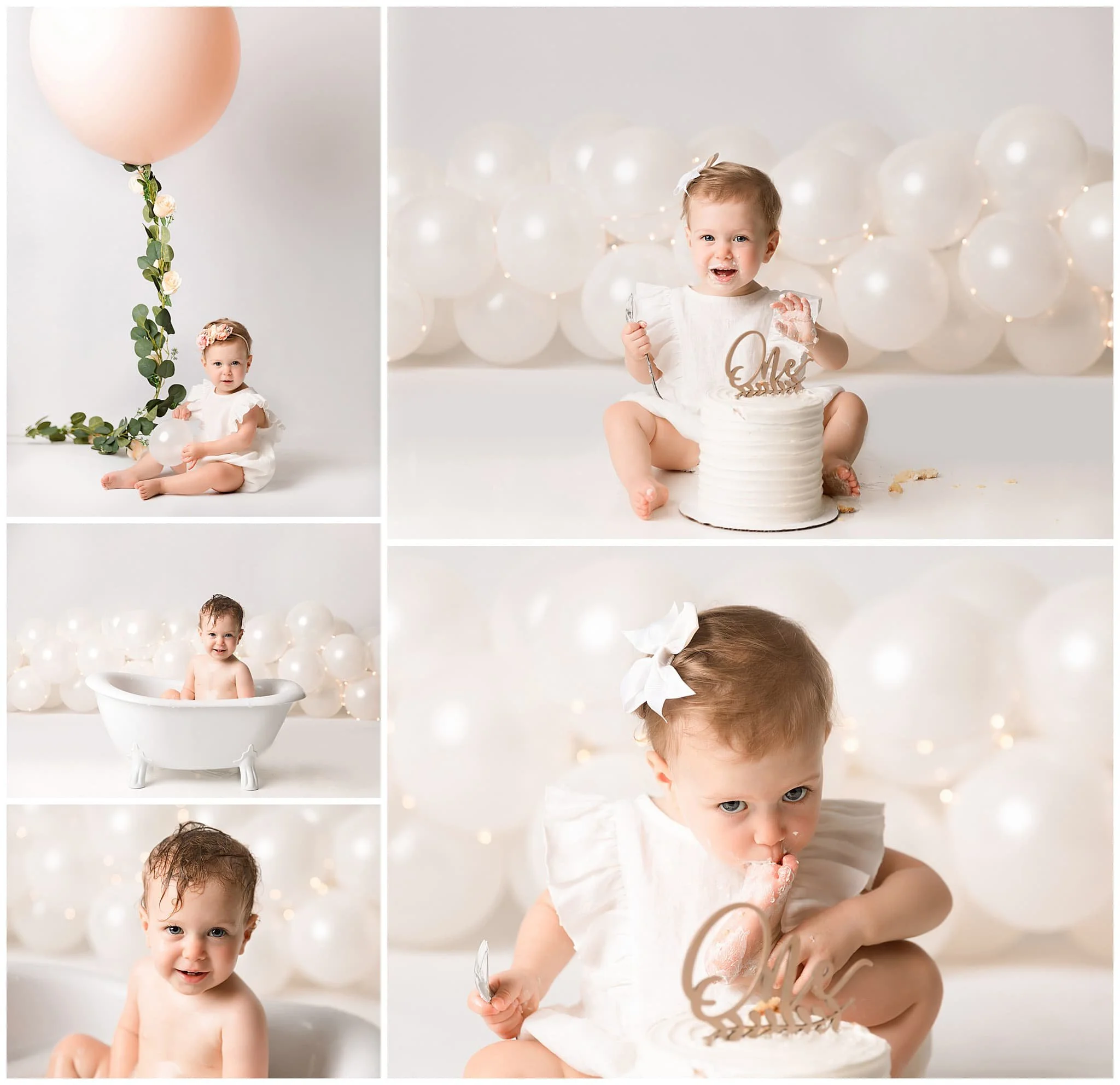  Large peach balloon and white balloon garland for minimalistic cake smash session 