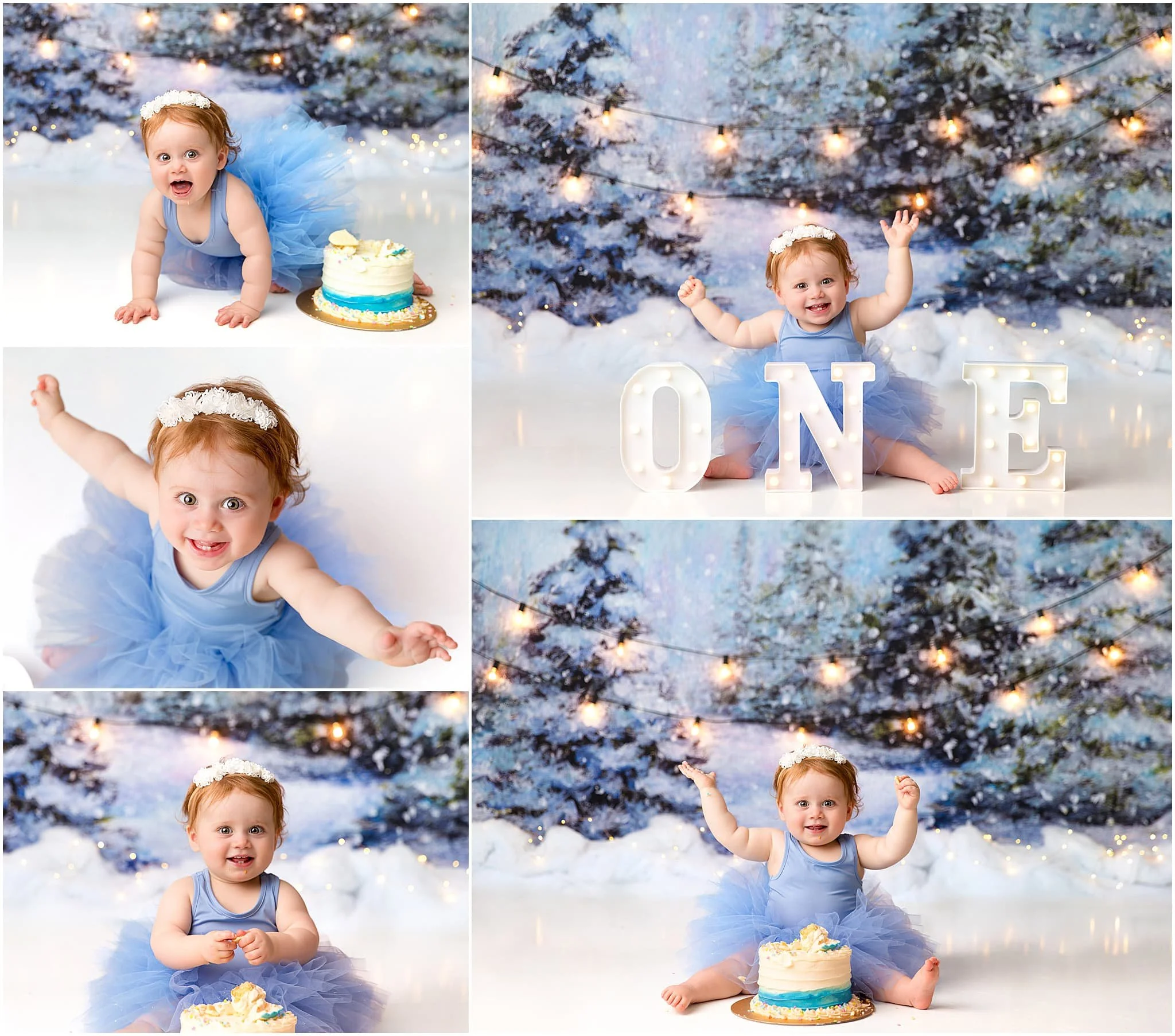  Realistic winter wonderland theme with snowy trees for one year old girl’s cake smash session 