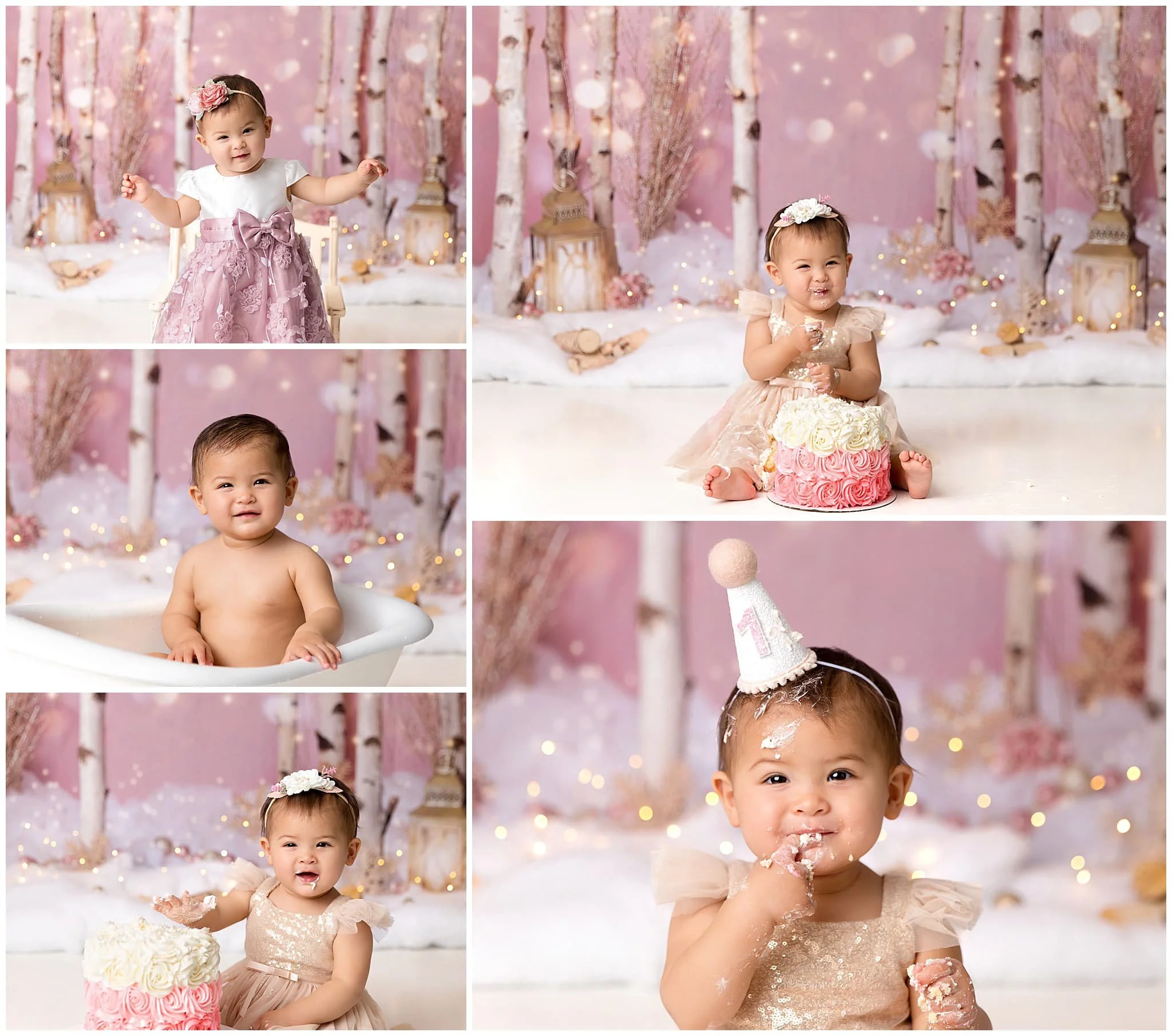  Pink and gold winter wonderland cake smash girl session 