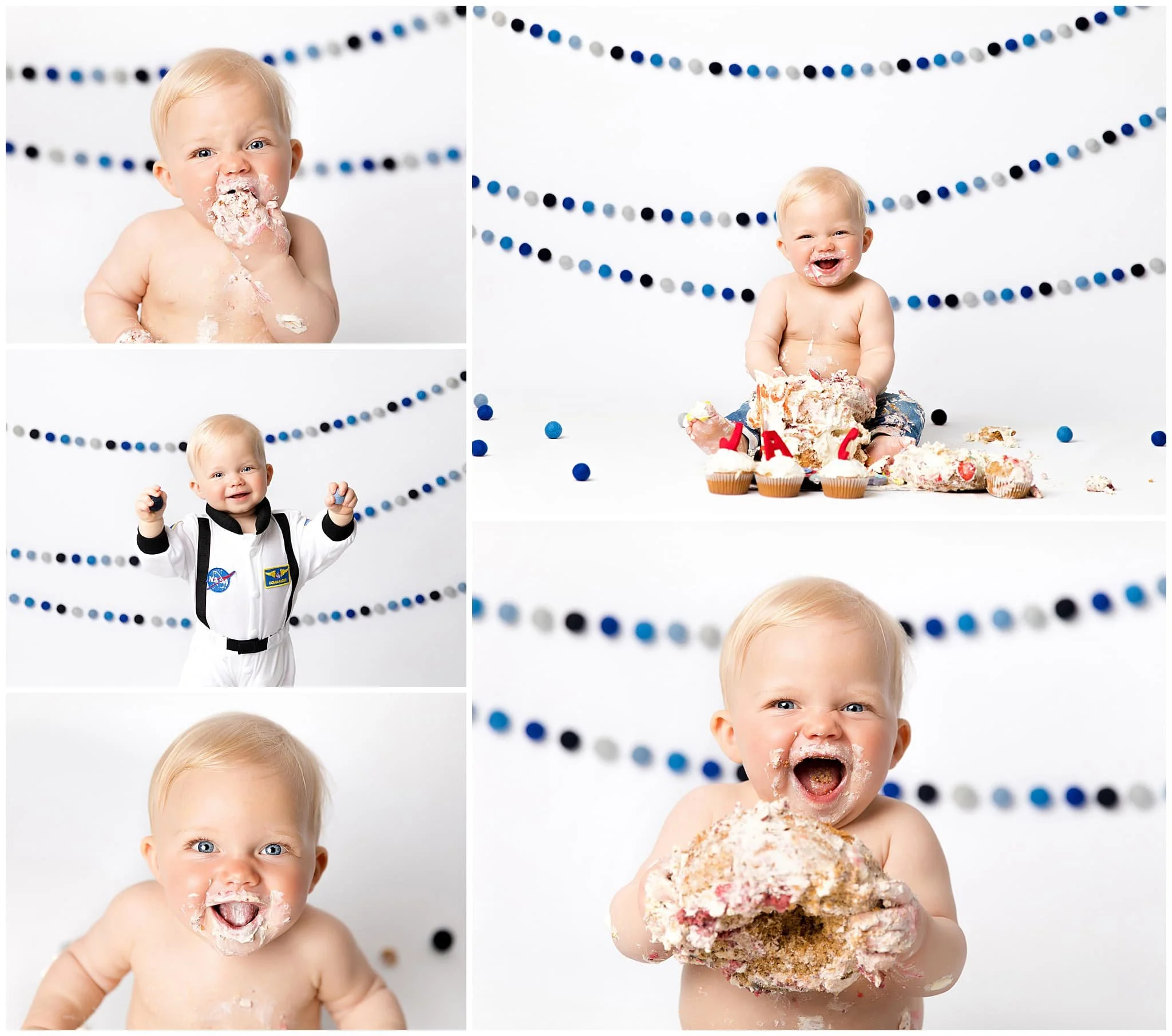  Minimalist cake smash with white background and ombre blue pom-pons 