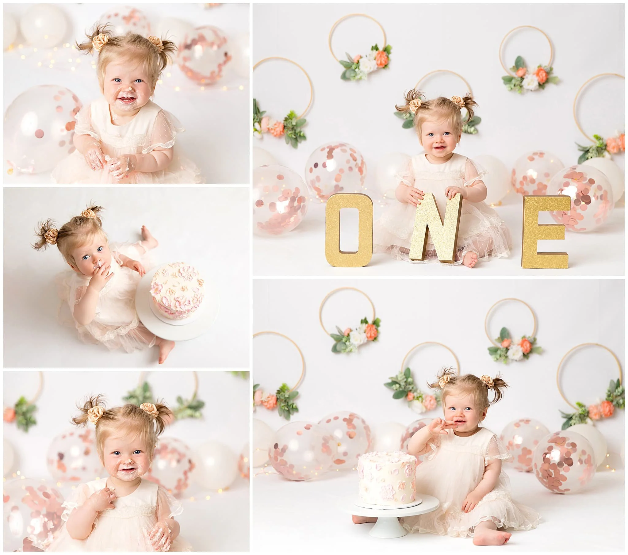  Flower hoops adorn the white background for delicate girl theme - cake smash session 
