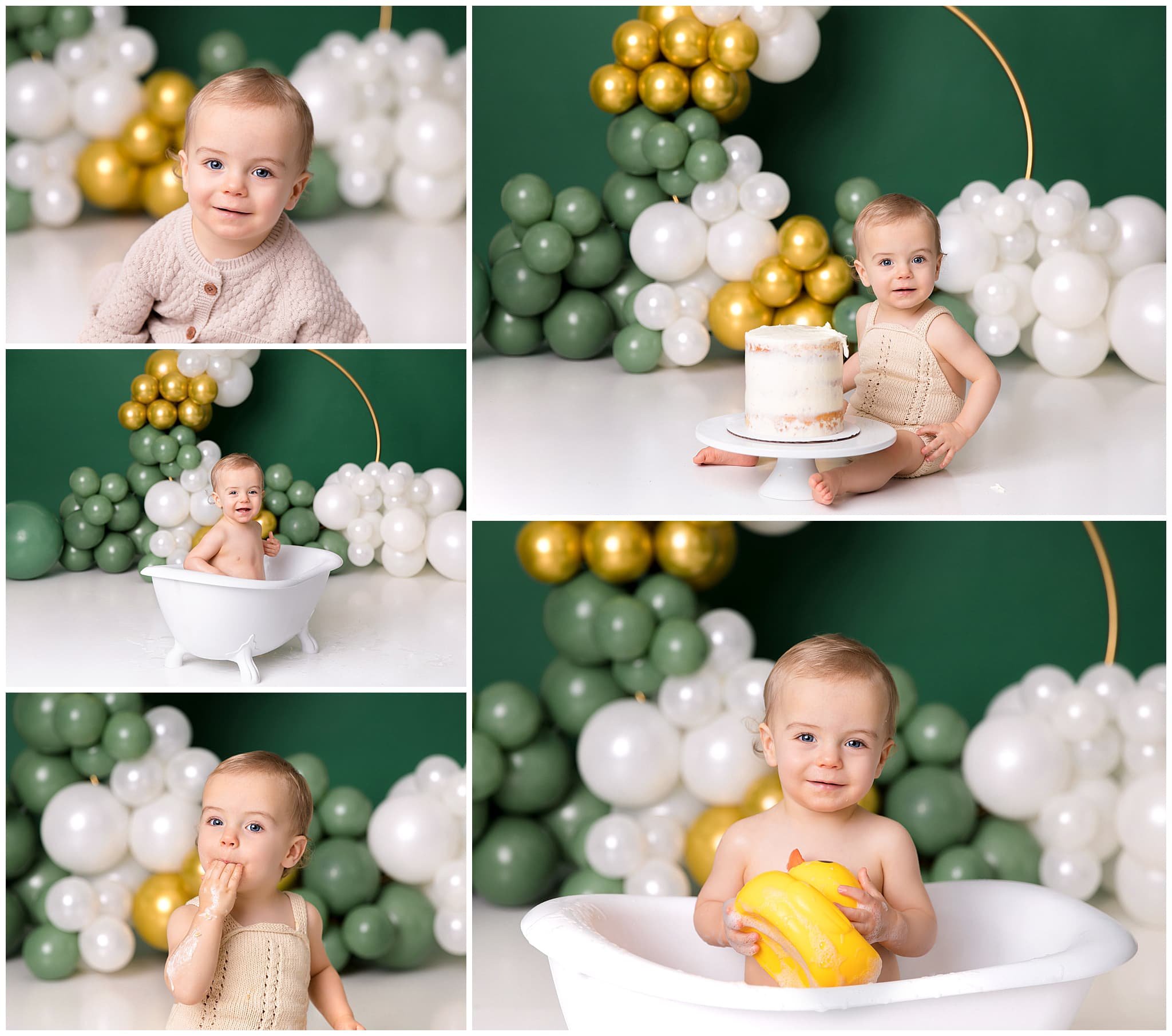 Golds, greens and white adorn the backdrop for boy enjoying first cake 