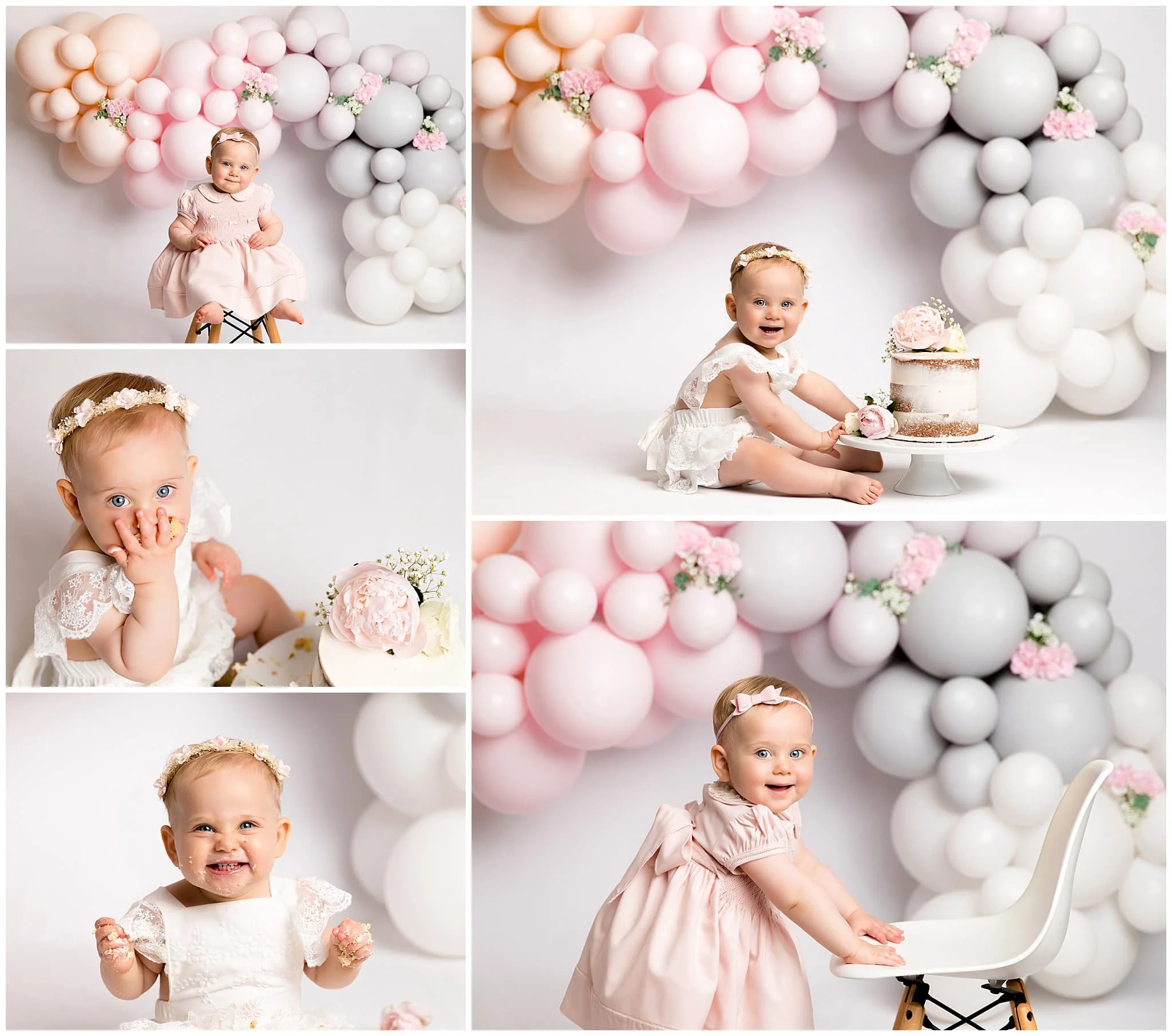  Happy toddler girl enjoying first cake in front  of white, peach, light pink and gray balloons and flowers 
