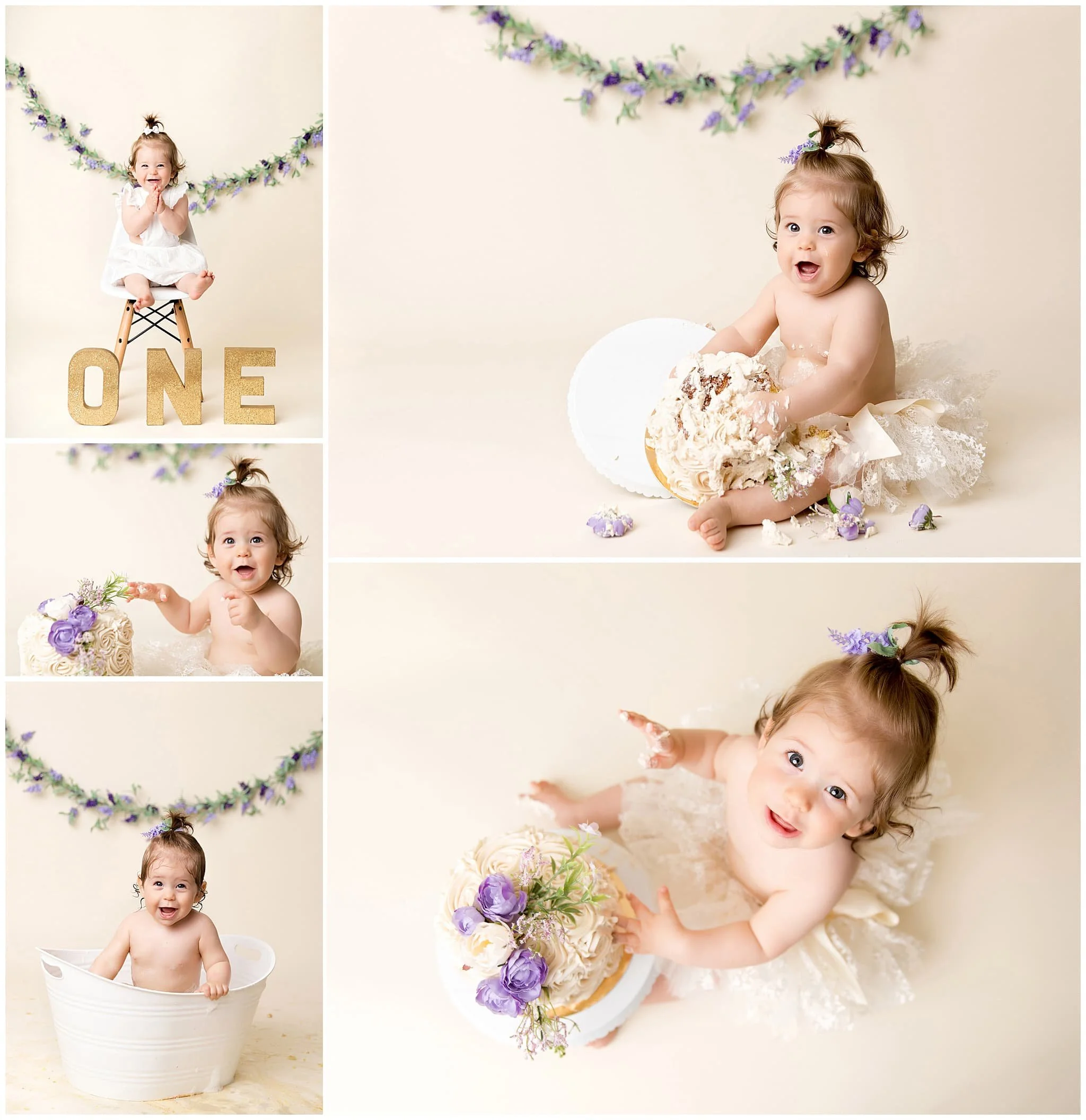  Minimalistic and classic cream backdrop with a lavender flower garland for this girl’s smash session 