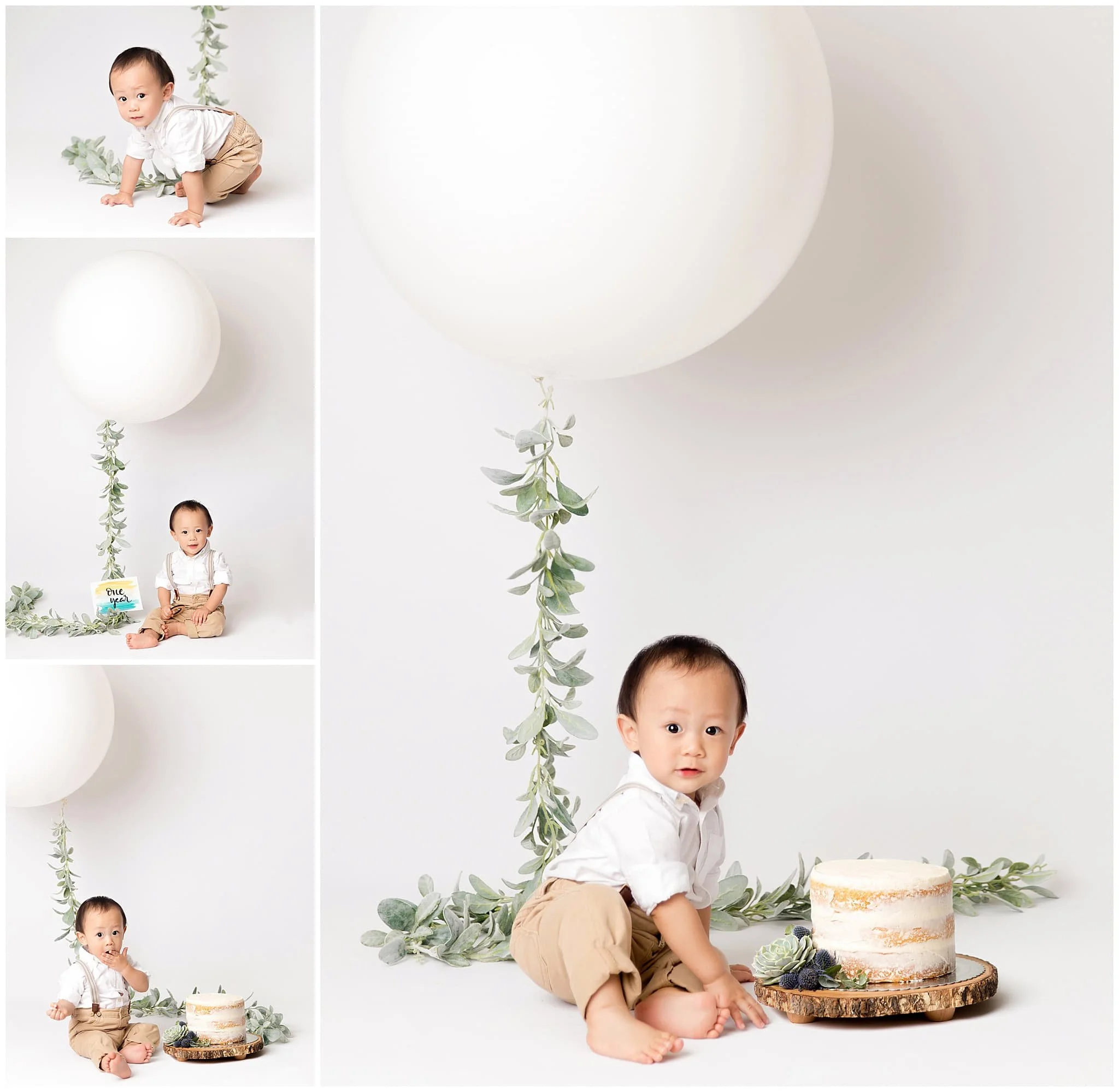  Large white balloon with frosted leaves garland for cake smash studio session 