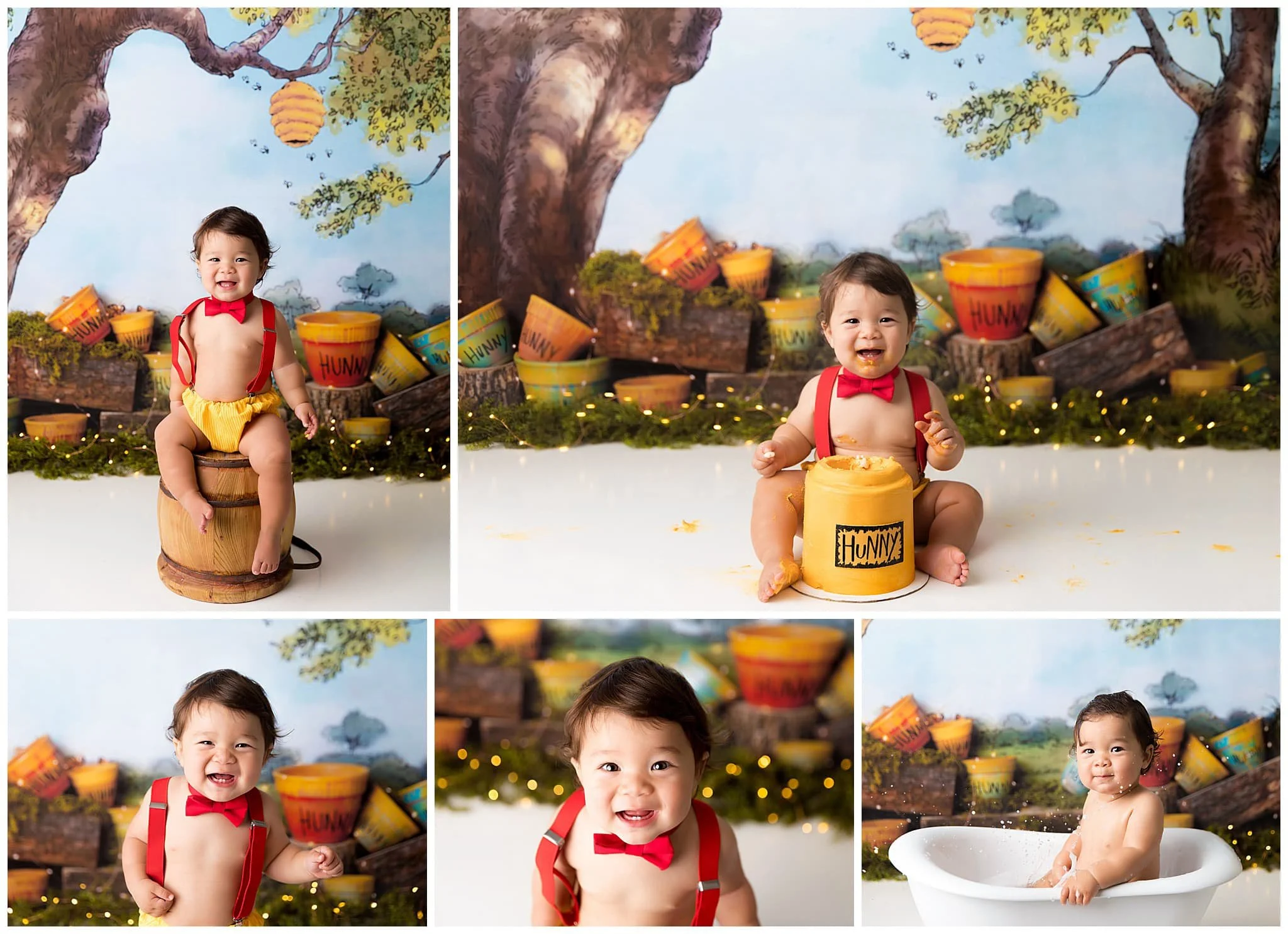  Winnie the Pooh themed first birthday cake smash session 