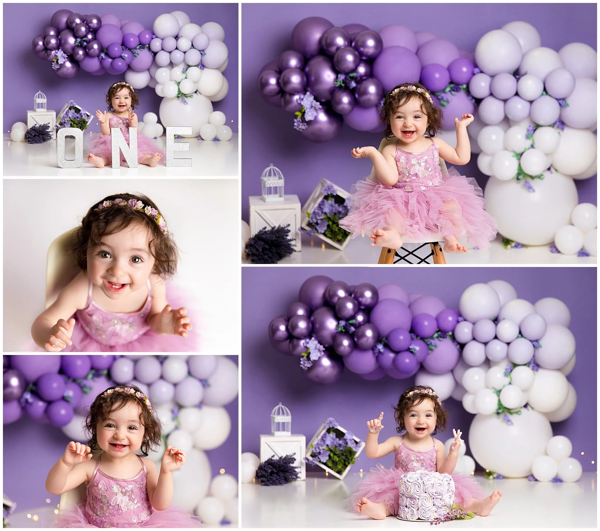  Happy girl sitting by her first cake in a purple and white balloon garden studio set 