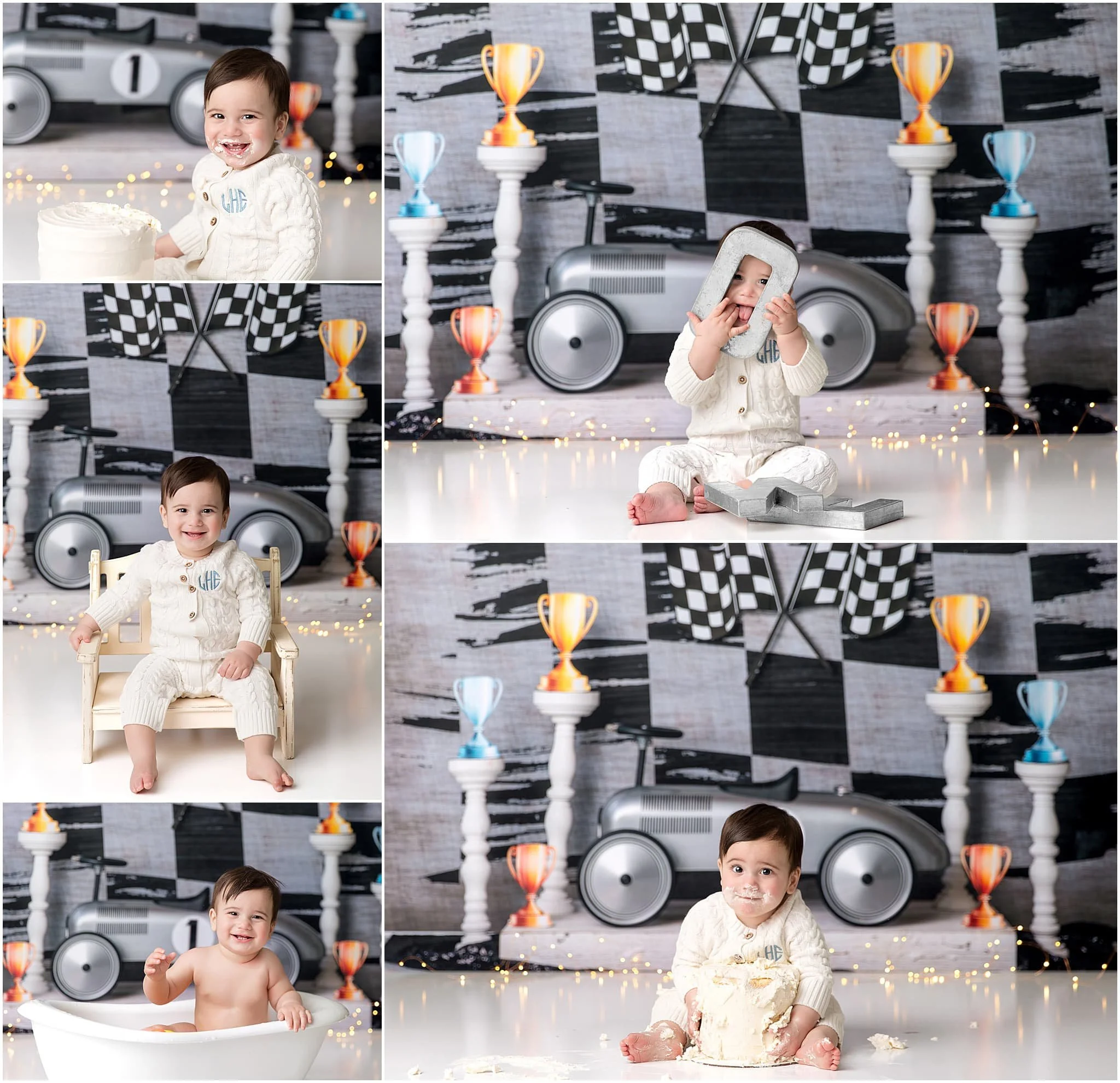  Formula One car themed first birthday cake smash session 