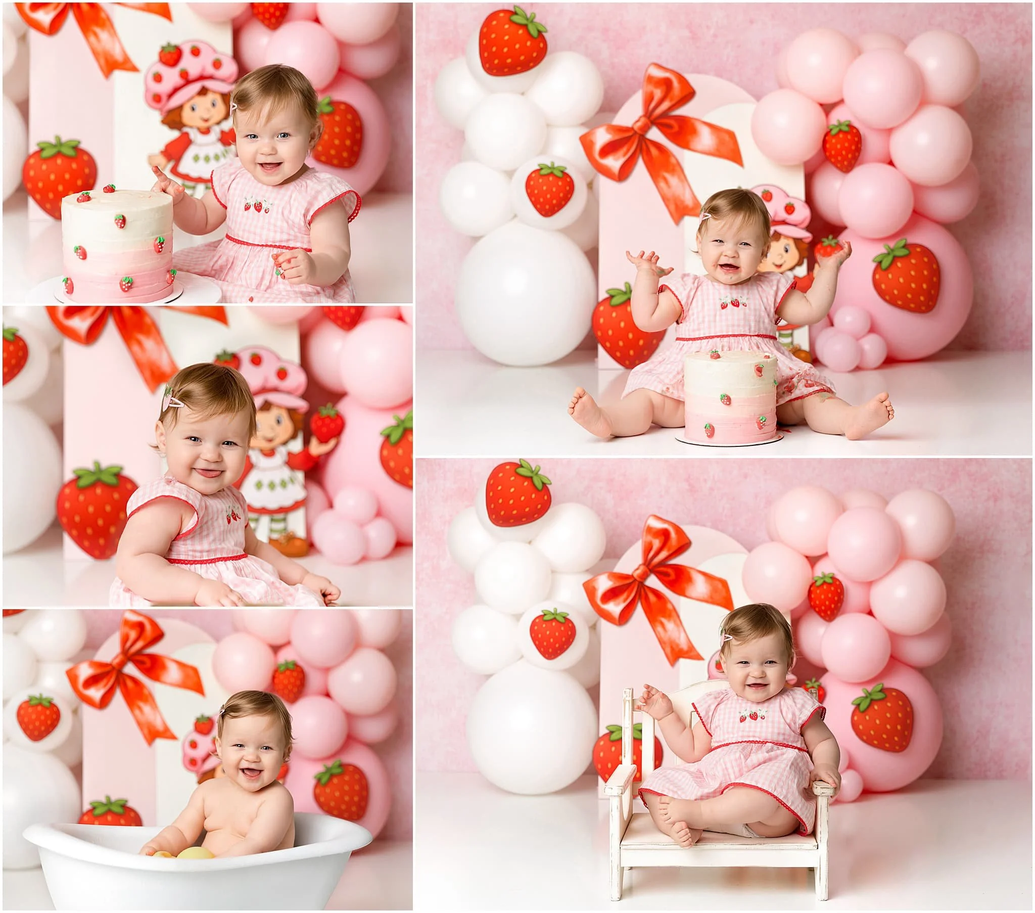  Strawberry shortcake set with pinks whites and reds for this little girl’s one-year-old session 