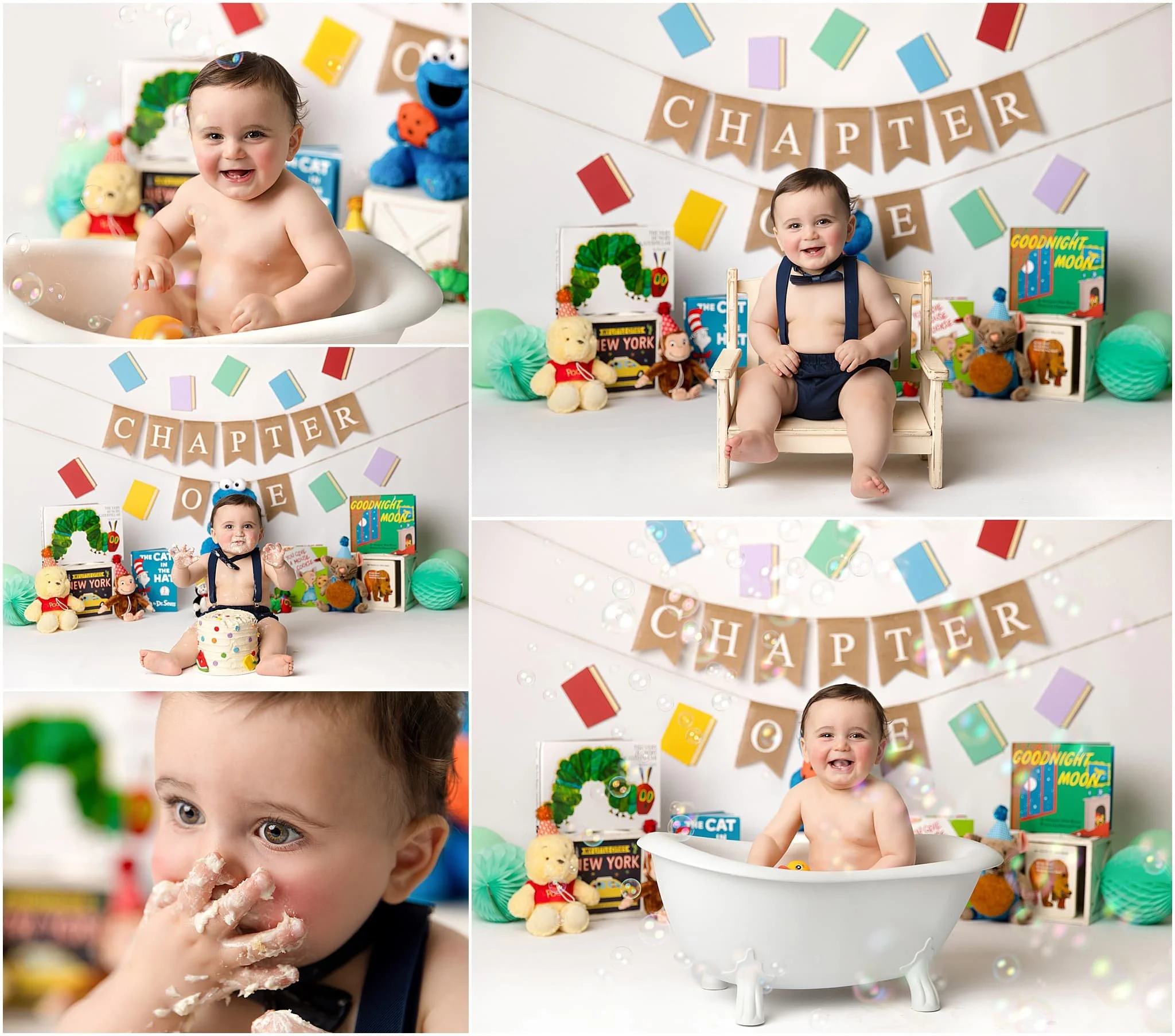  Chapter One classic book themed first birthday cake smash 