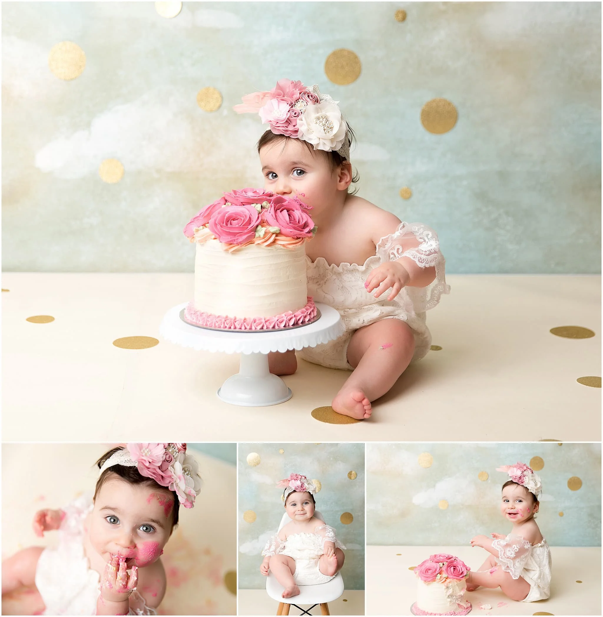  Minimalistic set with rust sky and golds for delicate cake smash session 