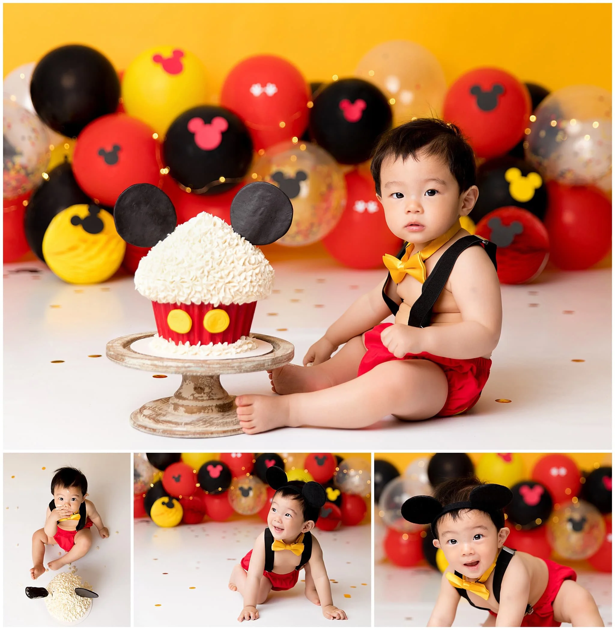  Mickey Mouse themed first birthday cake smash set for little asian boy 