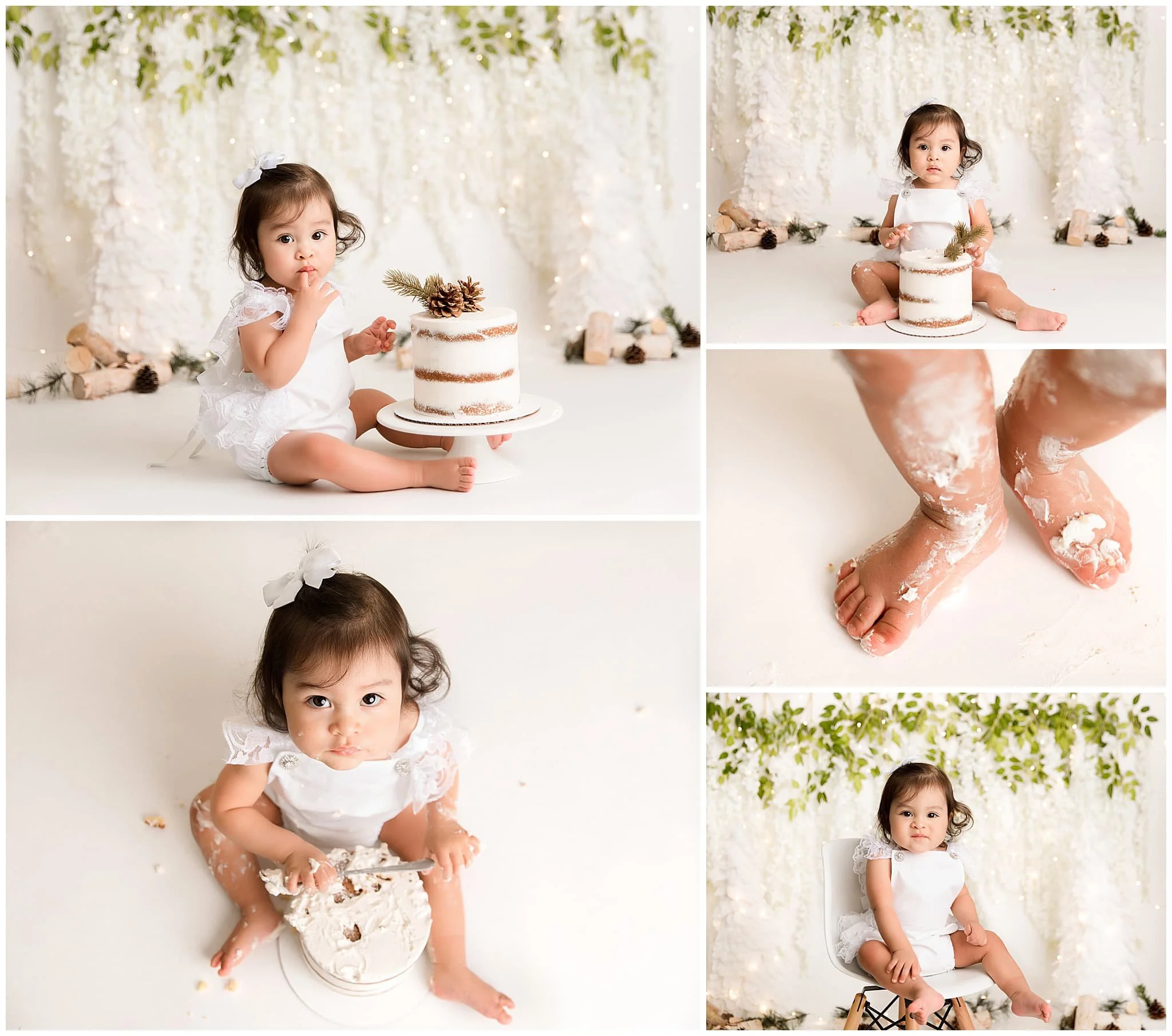  Winter scene in whites and neutrals for first birthday cake smash session 