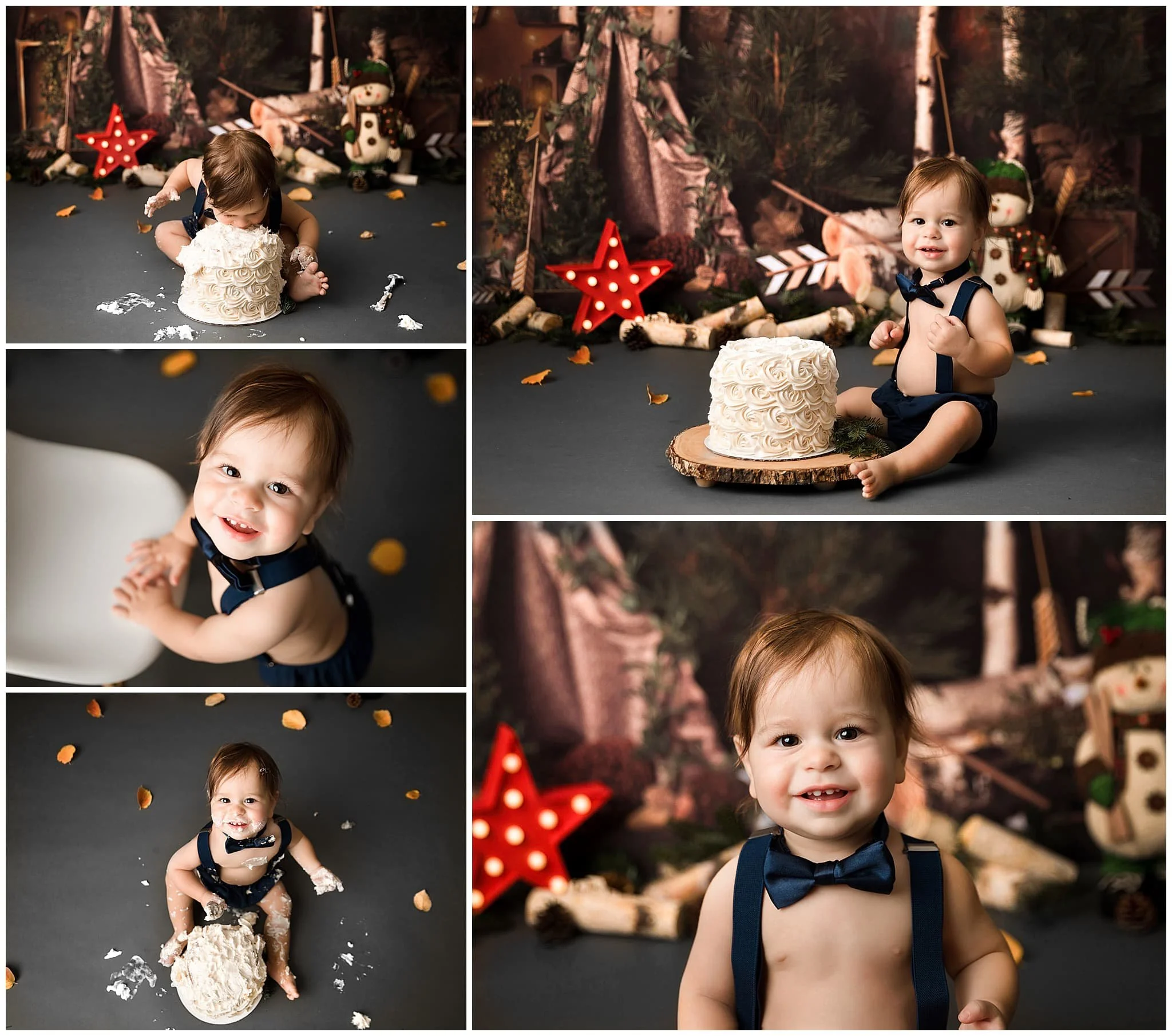  One year old sitting with birthday cake during woodland themed cake smash 