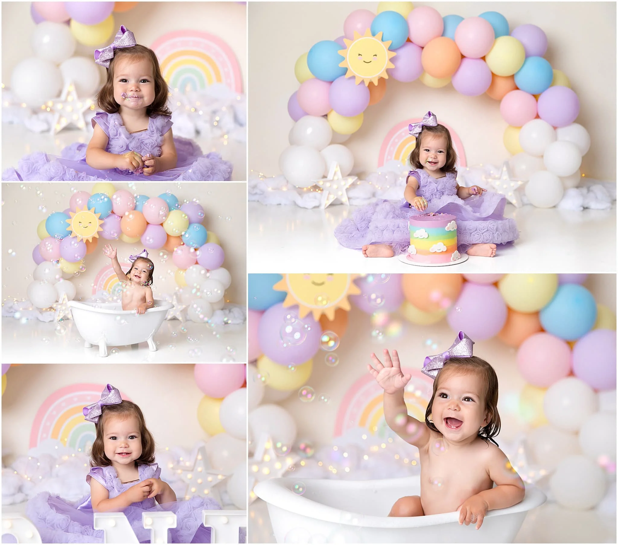  Baby girl enjoying birthday cake in front of a rainbow balloon arch, and rainbow and sun cut-outs 