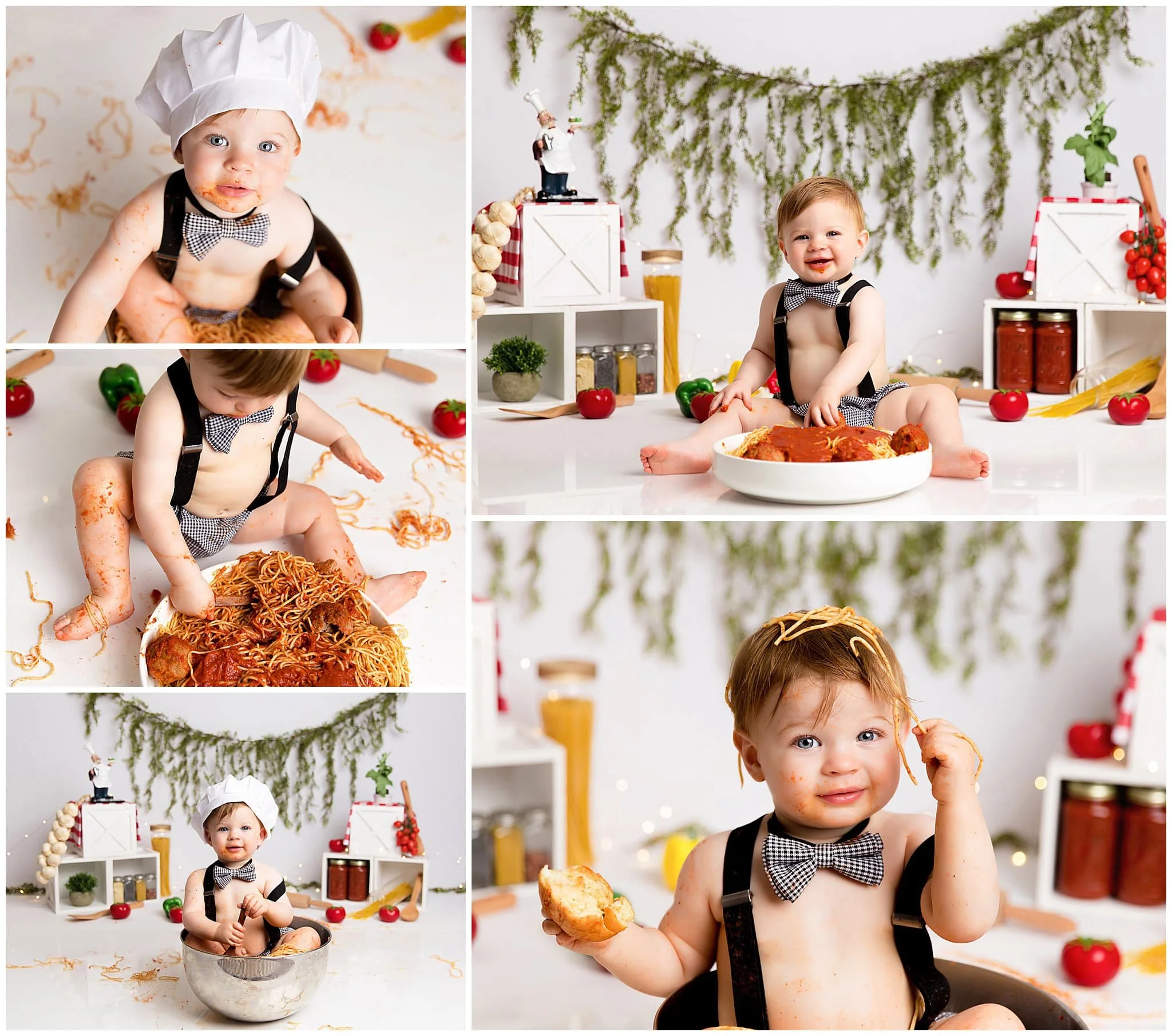  Italian theme for baby boy who is smashing a big plate of spaghetti on his first birthday 