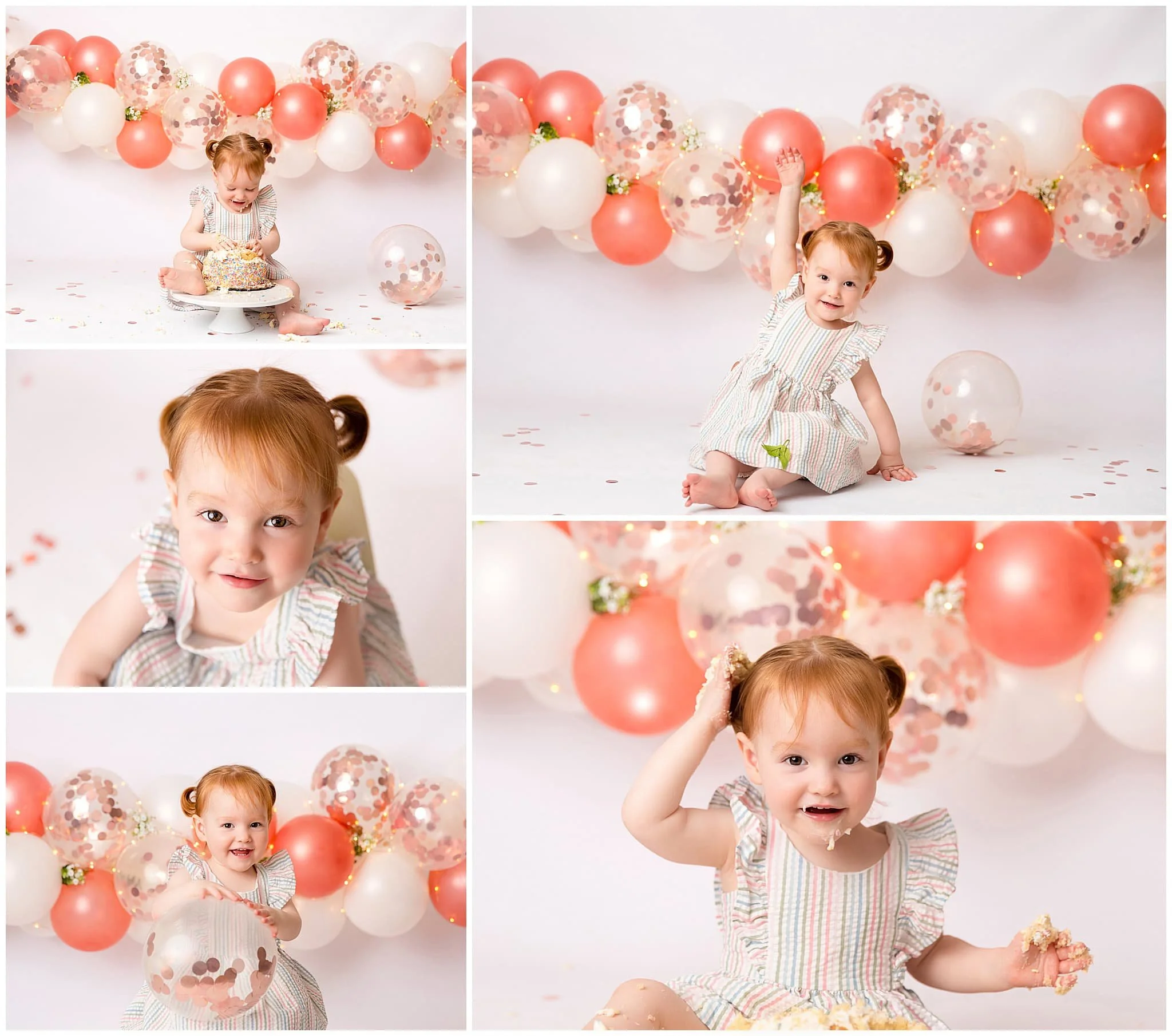 Rose gold and white balloon garland for frosting covered baby girl smashing cake 