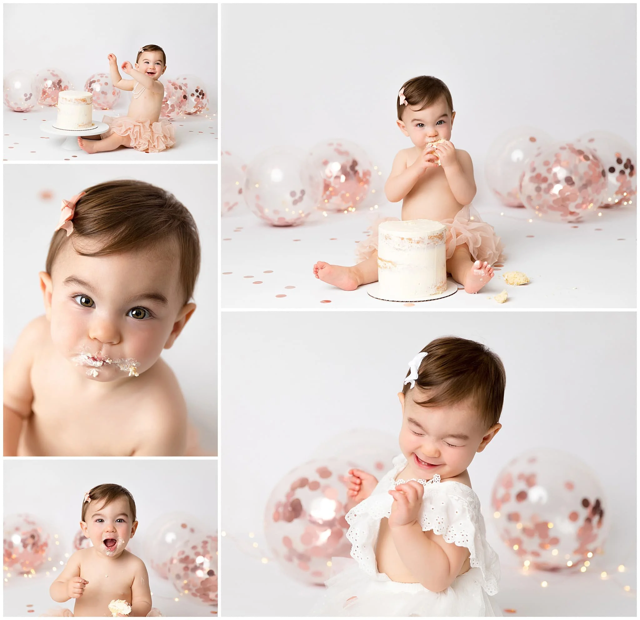  Minimalistic set for cake smash session with confetti rose gold balloons 