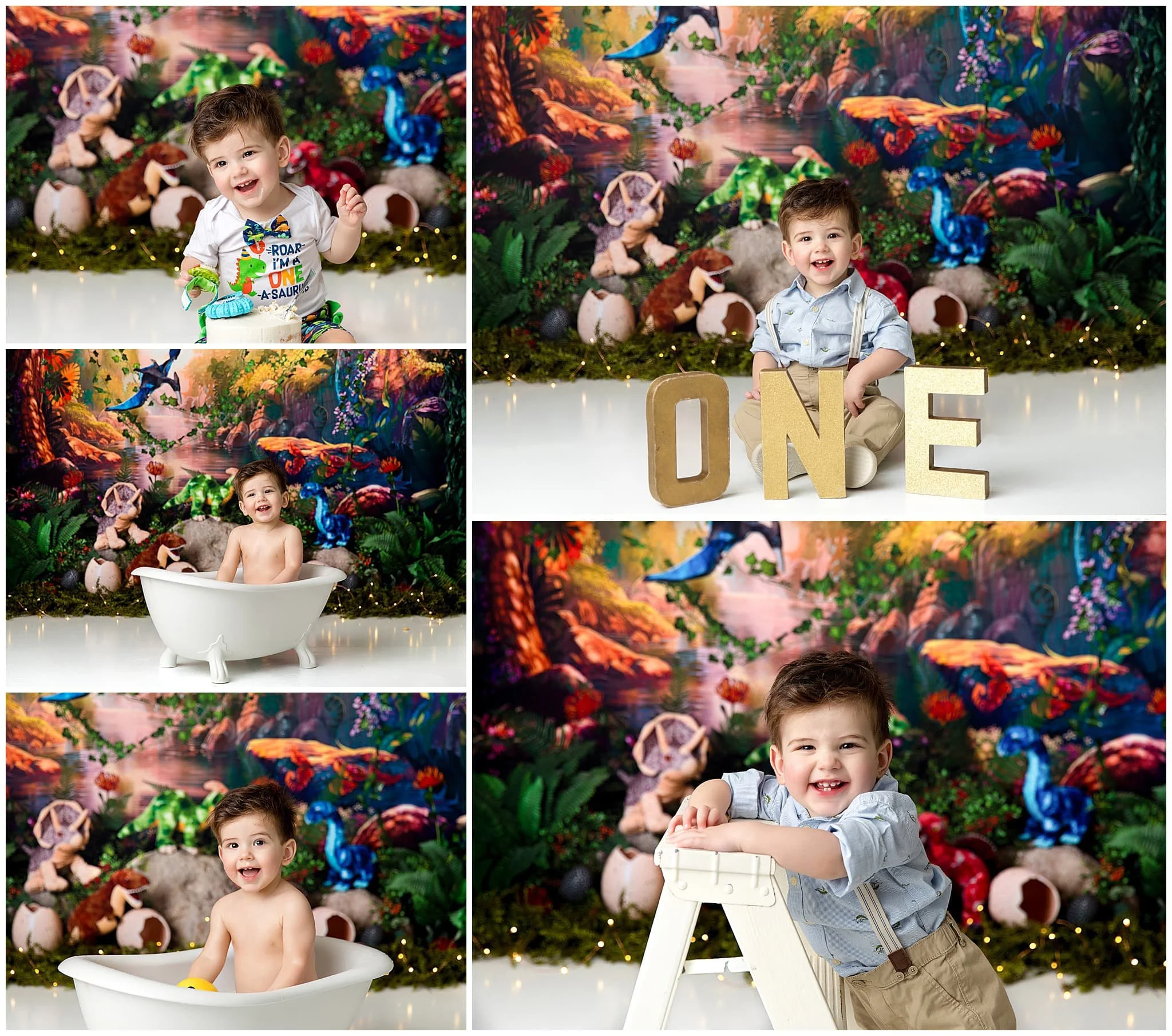  Happy boy smashes his cake in dinosaur themed set 