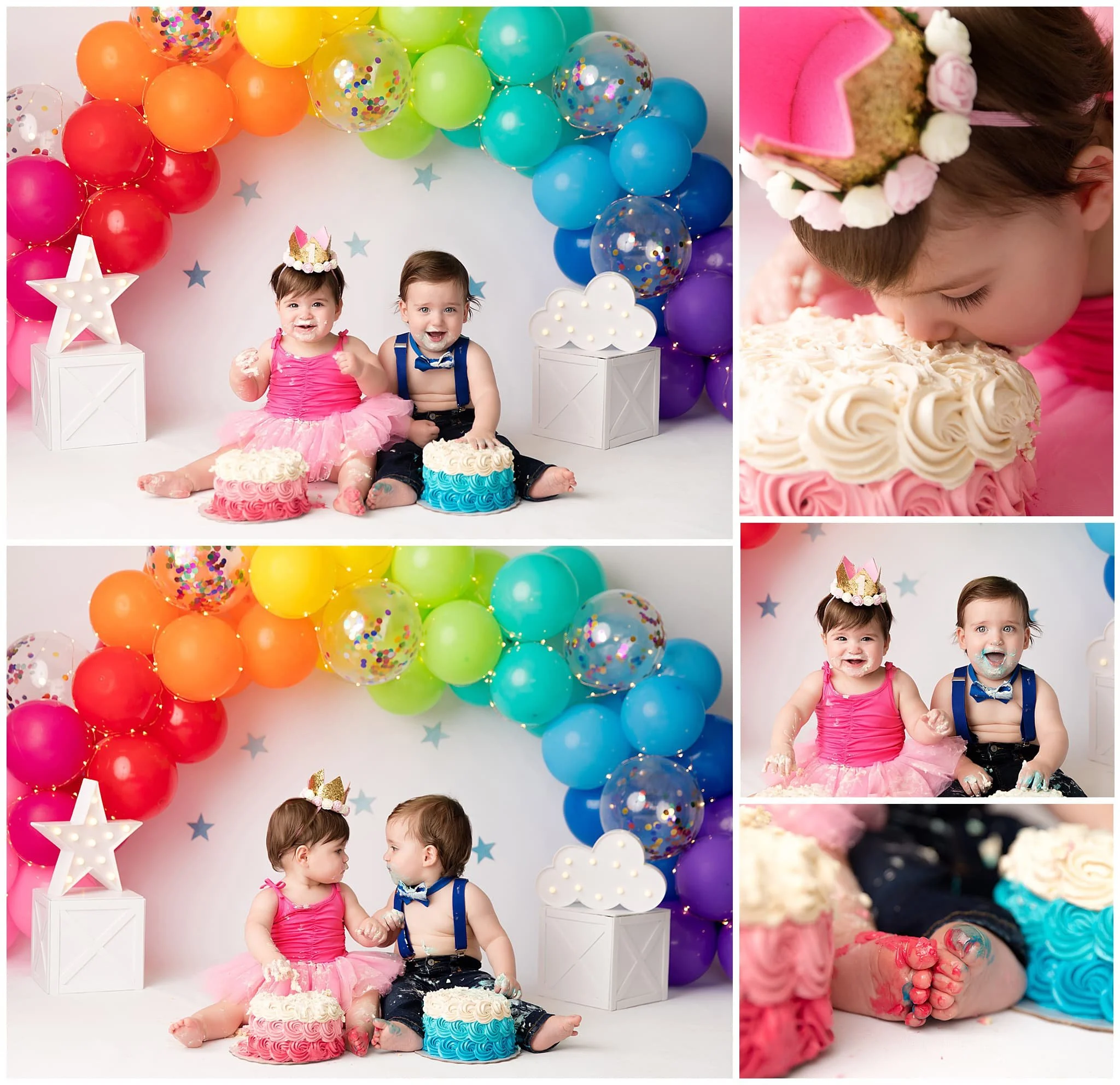  twins enjoy their first birthday in front of rainbow balloon arch 