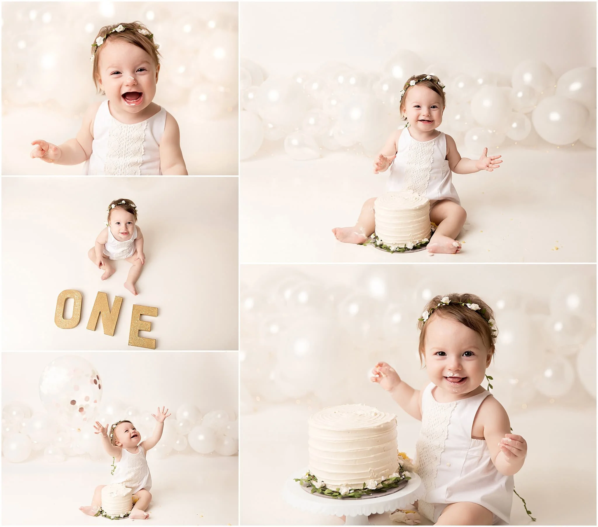  All white pearl balloon theme for girl smashing cake 