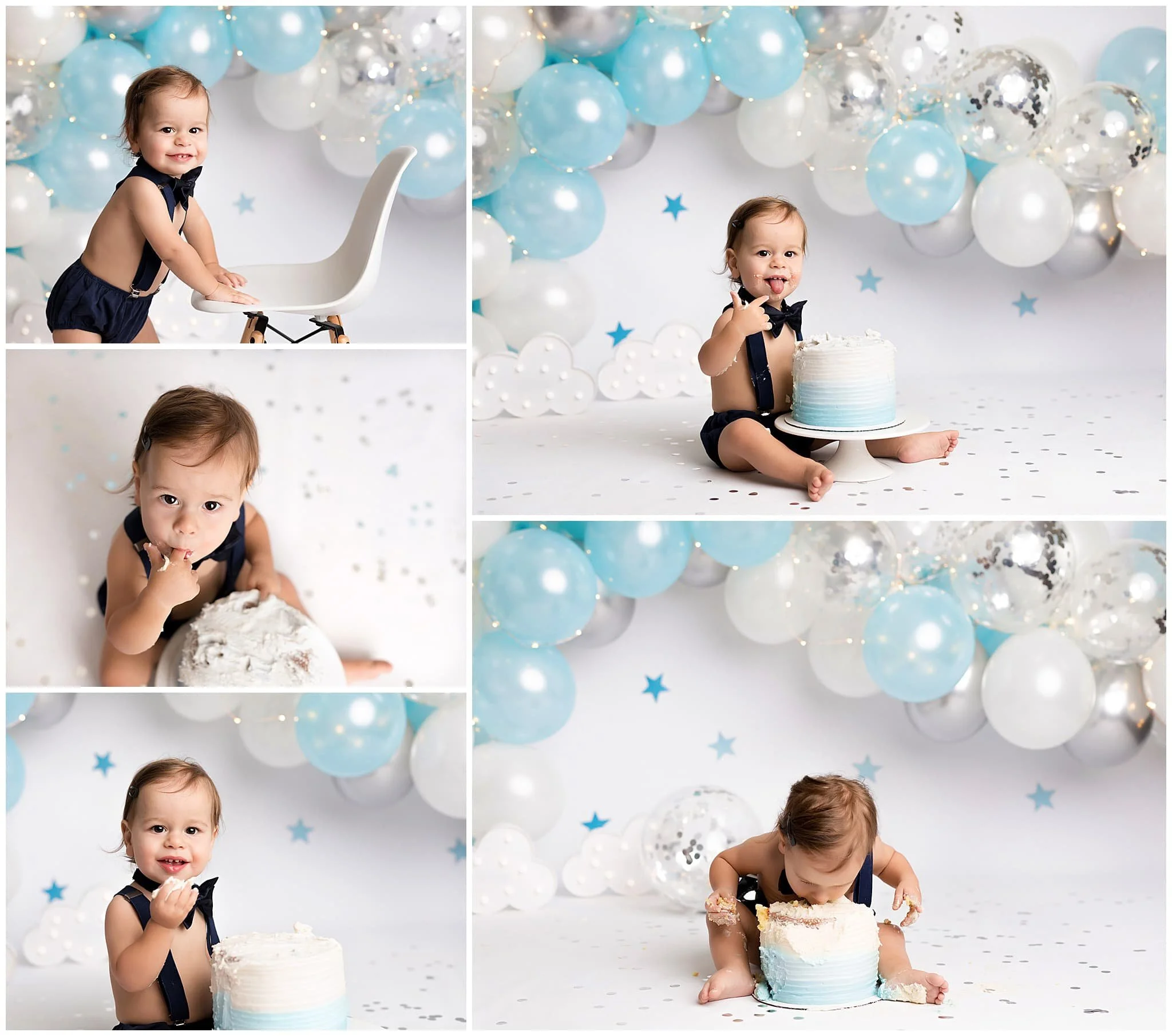  Minimalistic white and light blue balloon garland with stars and clouds to celebrate first birthday 