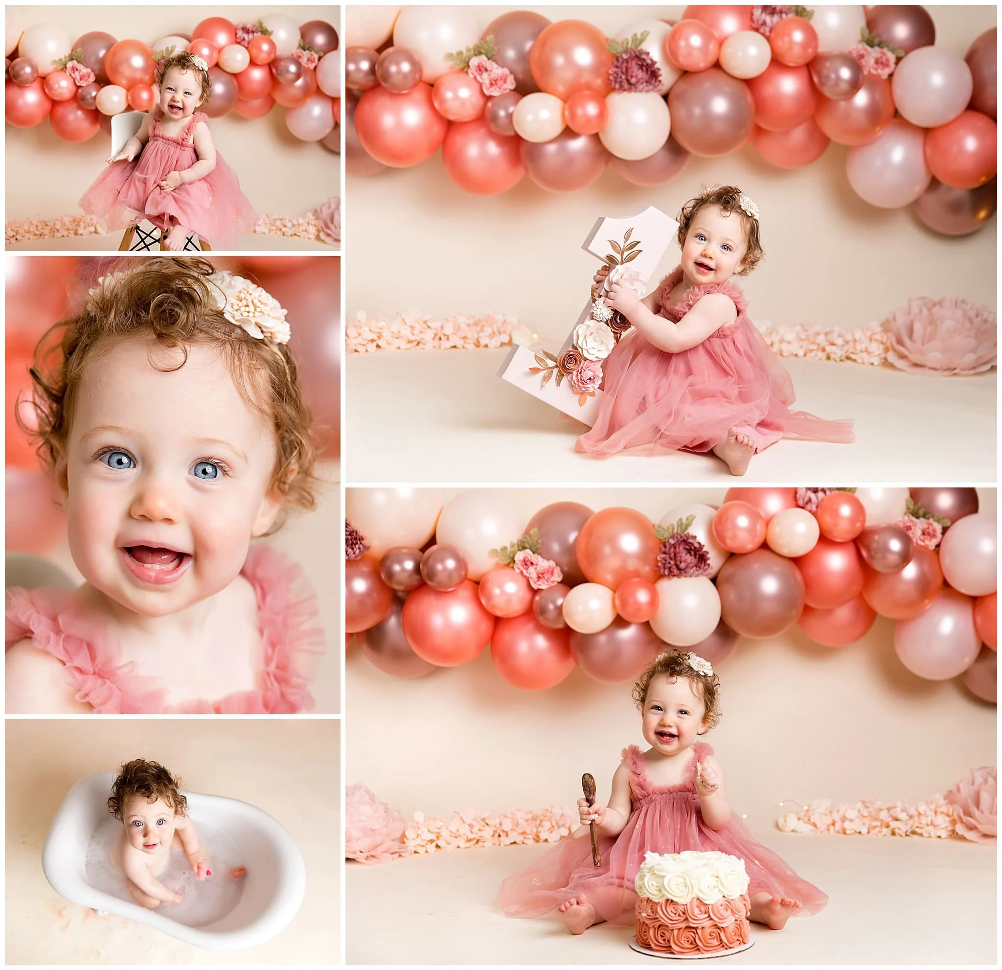  Rose gold and brown balloon garland as the set for birthday girl’s first birthday cake smash 