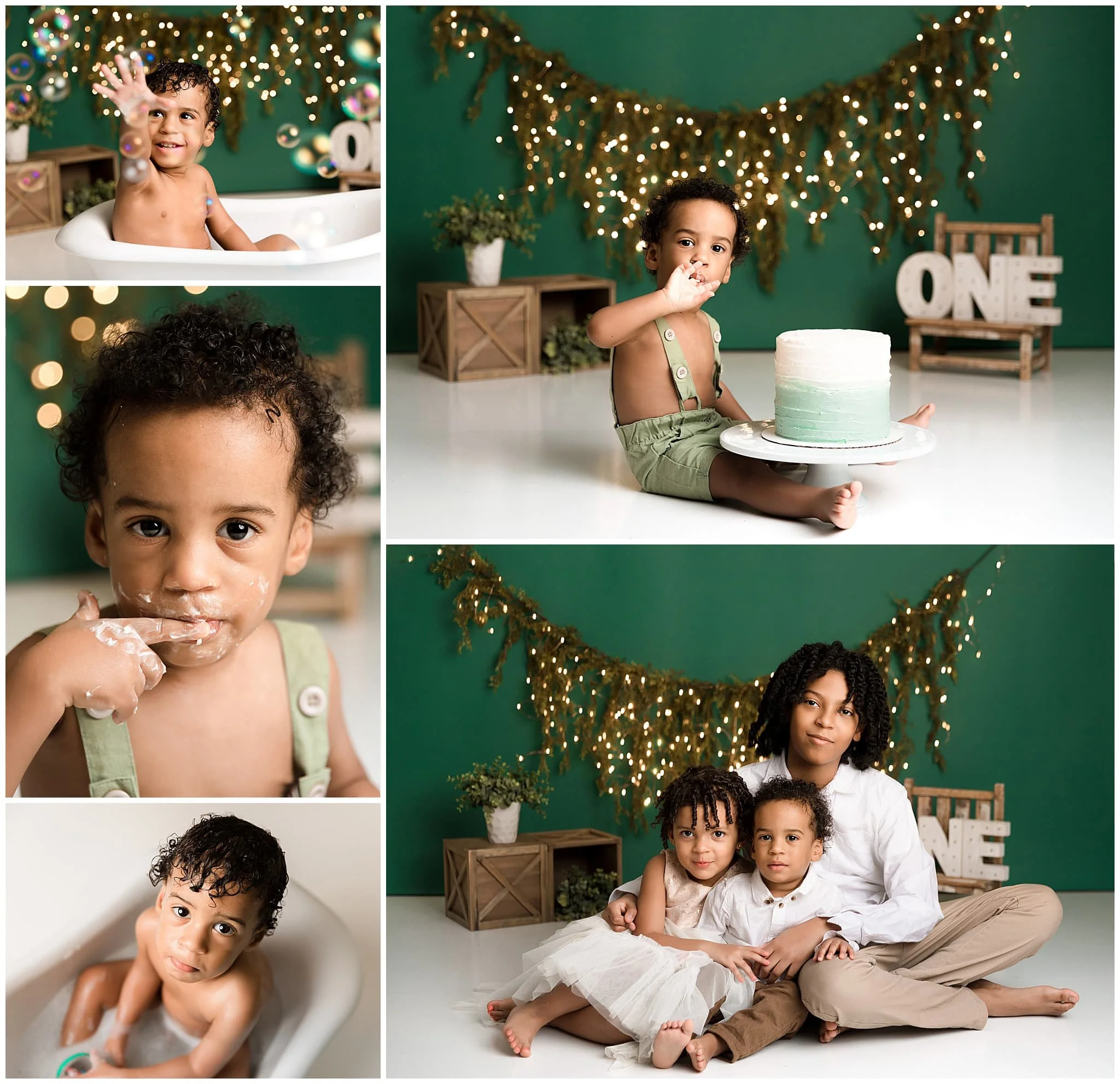  Dark green set with vines and lights and wooden items for baby boy’s cake smash and siblings 