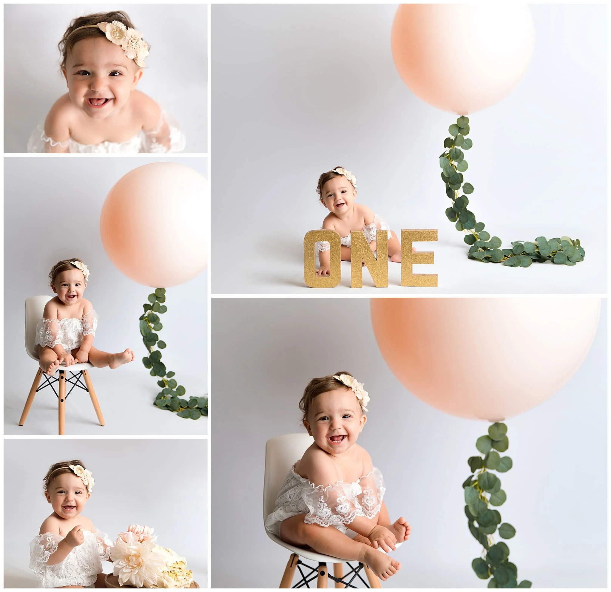  Happy girl smashes her cake next to single giant peach balloon with flower garland 