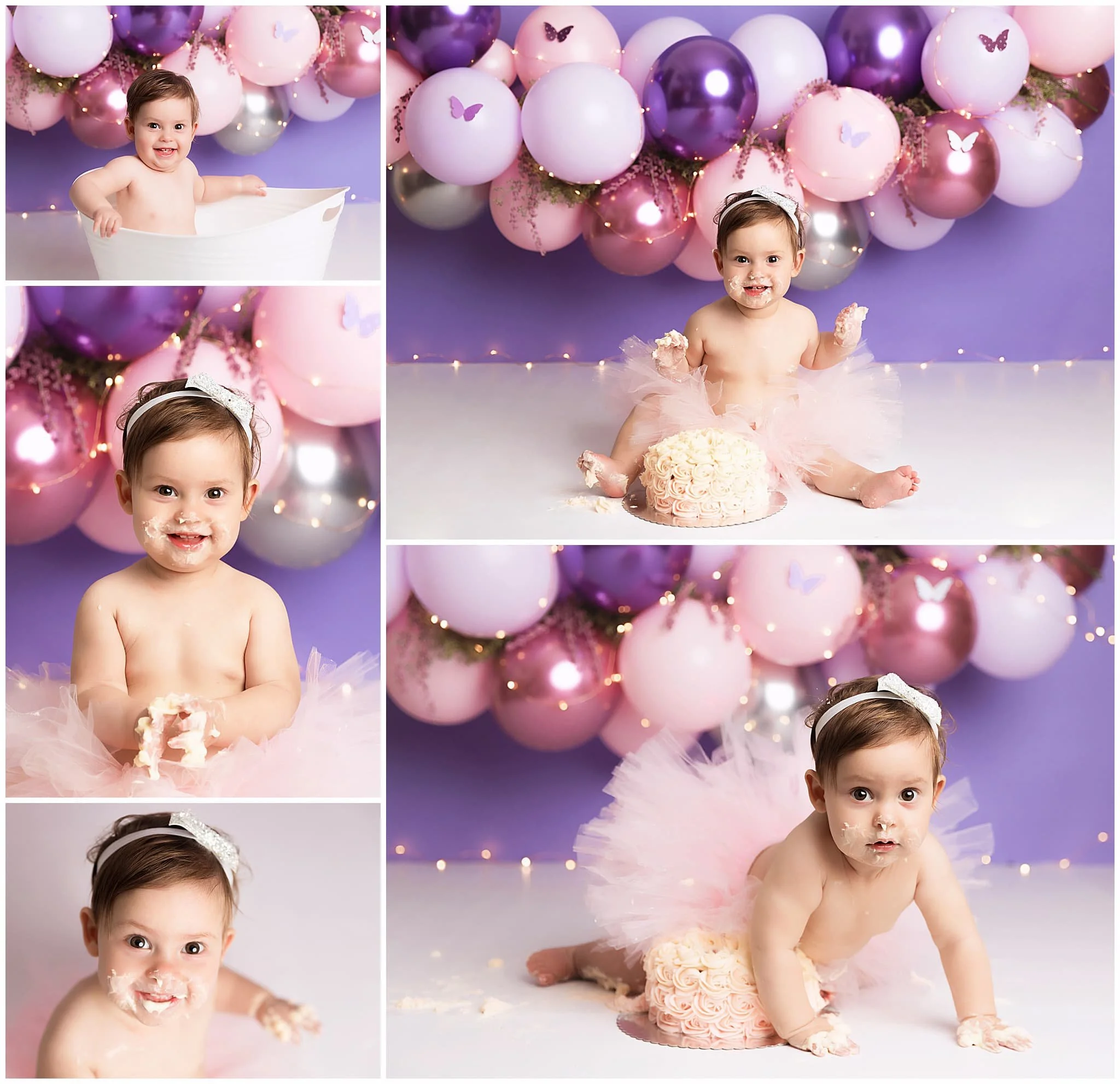  Delicate balloon garland with pinks, lavender and silver with a purple back drop and the set for little girl’s cake smash session 