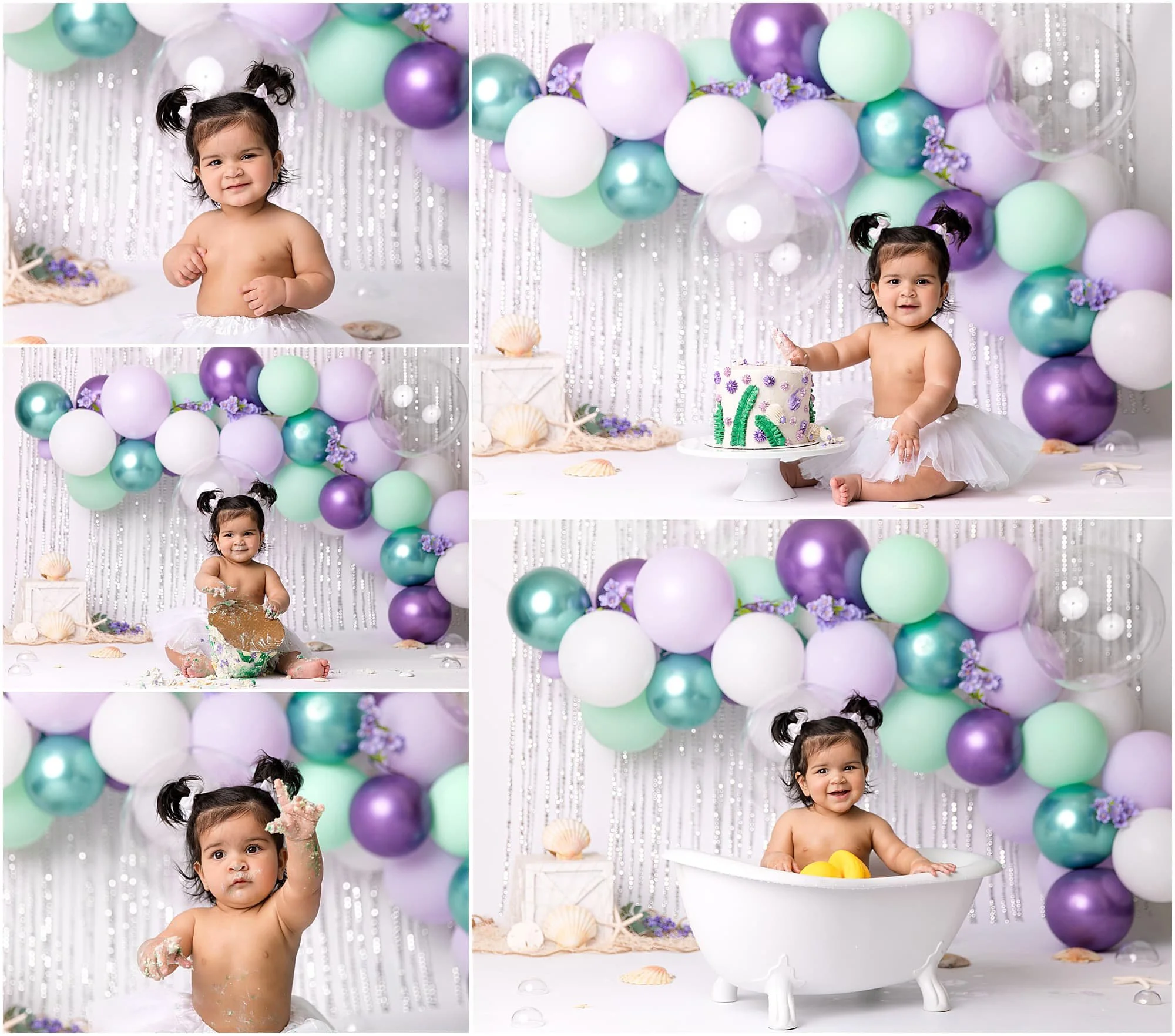  Under the sea theme with whites, green and purples to celebrate baby girl’s first birthday 