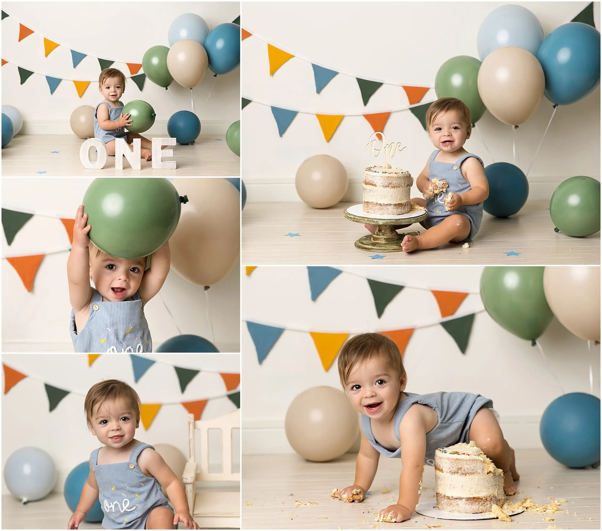  Classic timeless set with balloons and bunting banner for baby boy’s cake smash session 
