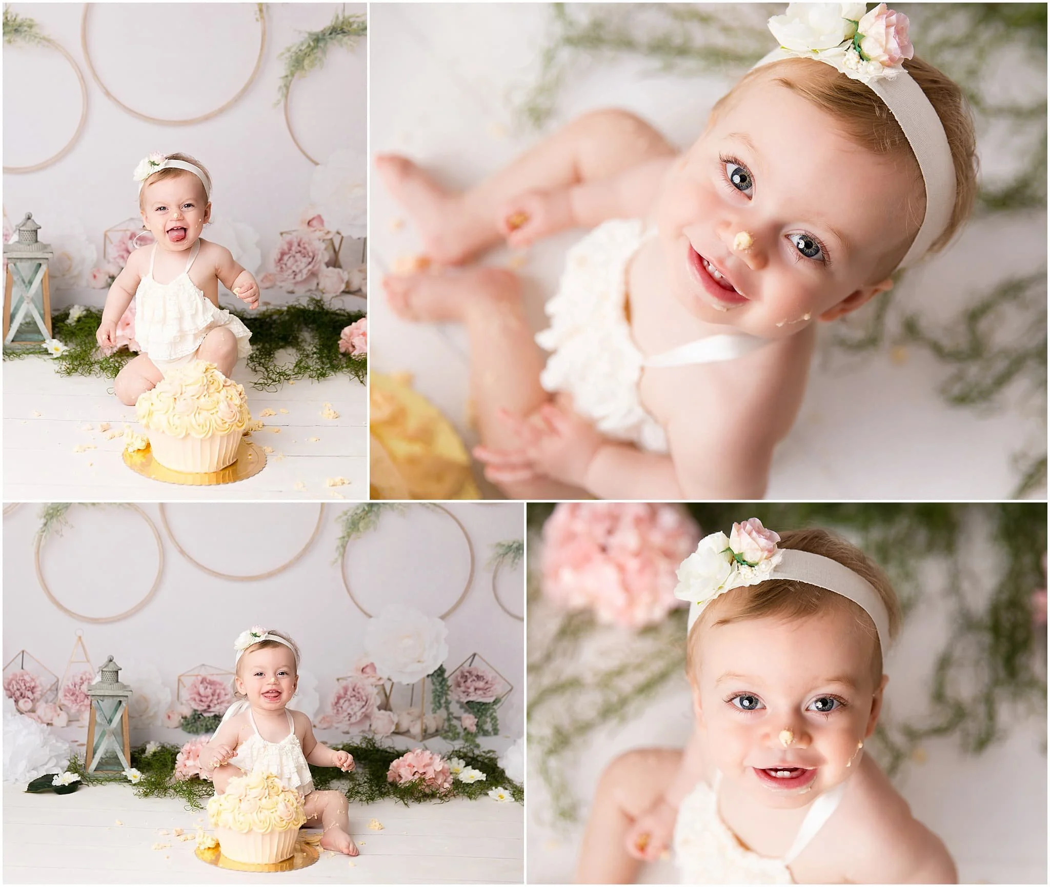  Flower rings and greenery used to create the perfect set for baby girl’s cake smash session 