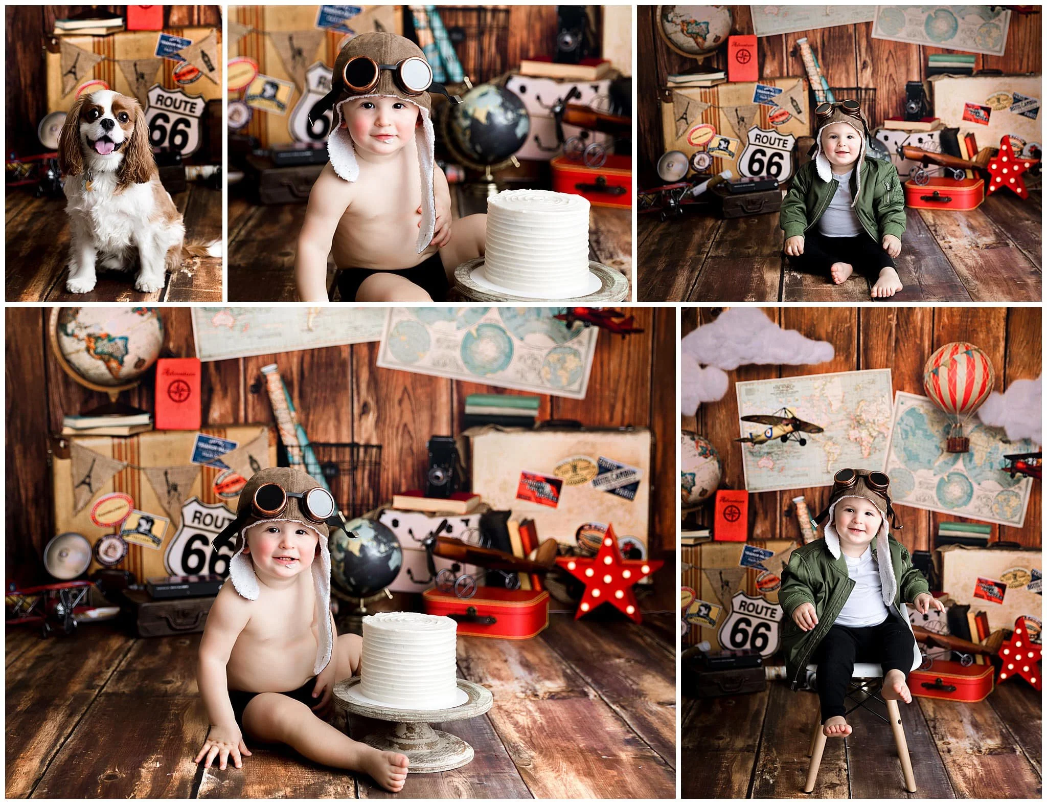 World traveler themed cake smash session with maps, suitcases, goggle and hot air balloon 