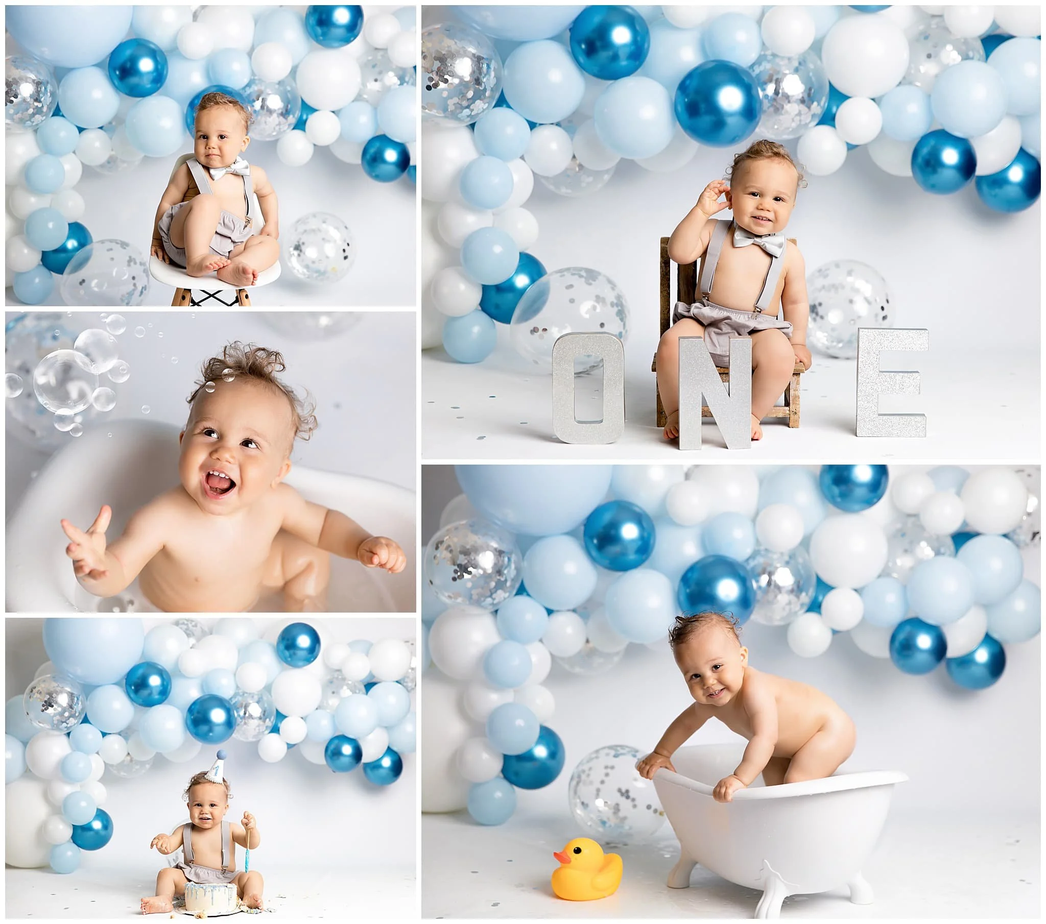  Simple and timeless cake smash set with a silver, blues and white balloon garland and a bubble bath 