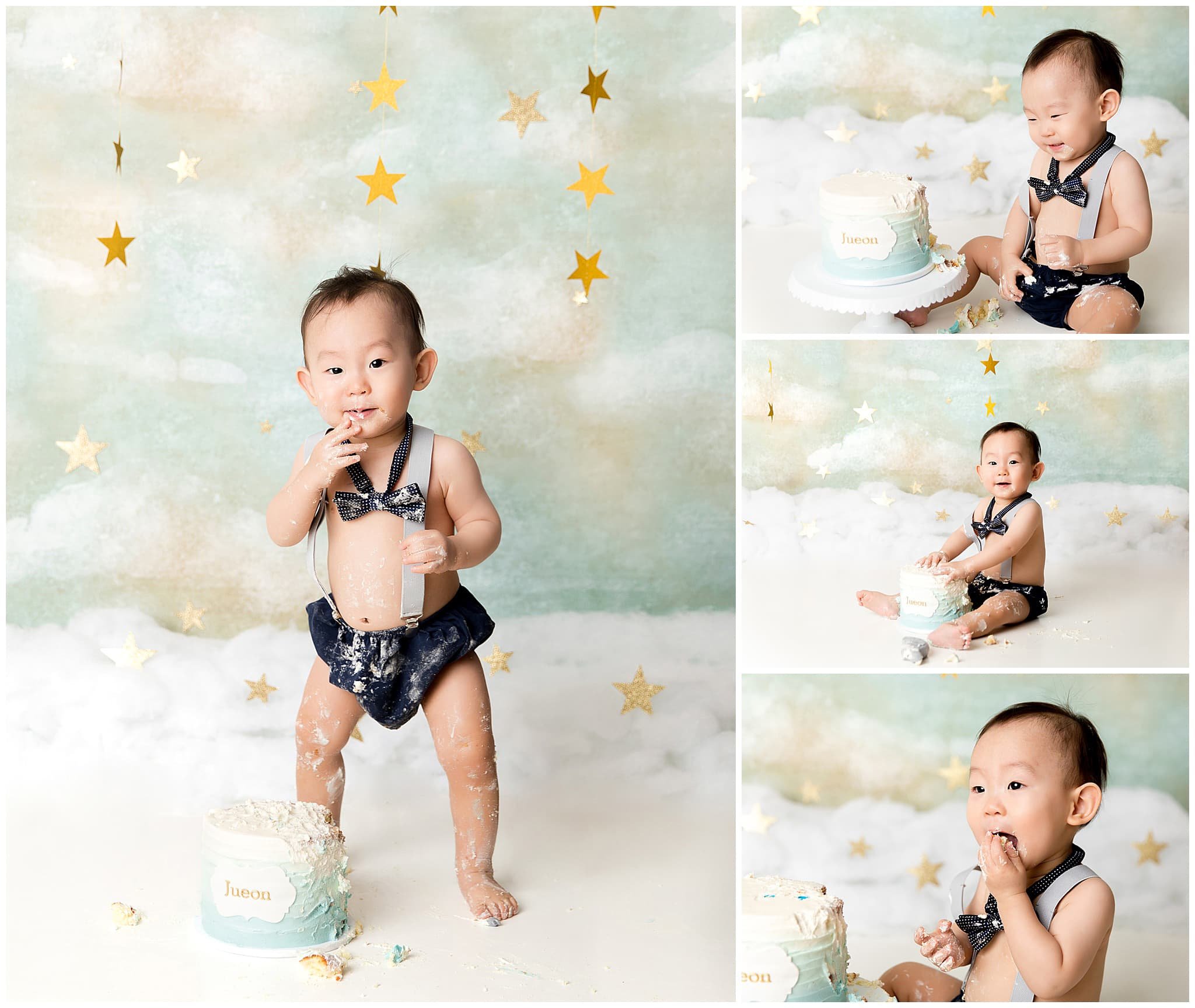  Rusty sky and gold stars behind baby boy smashing cake 