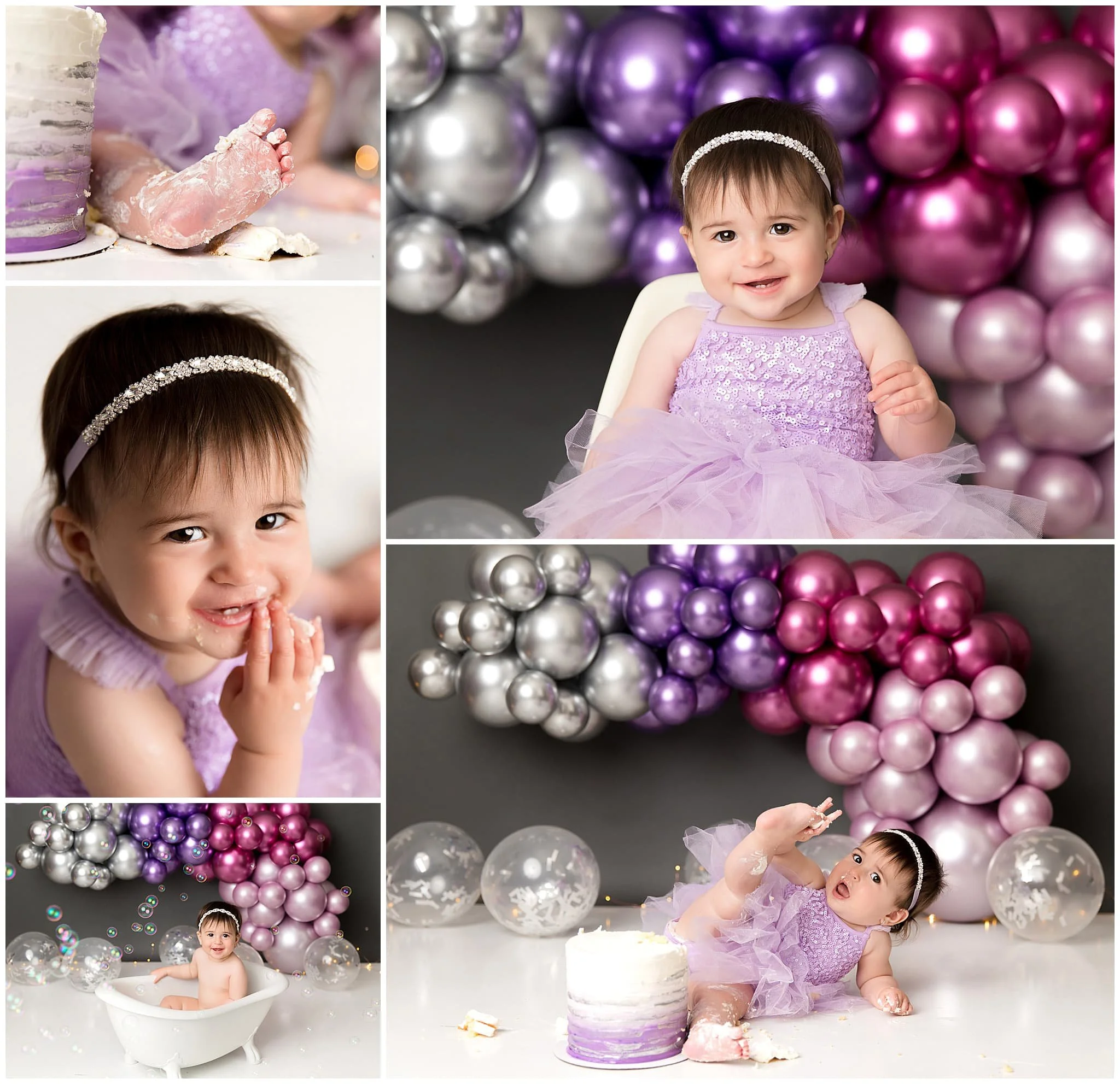  Glamorous chrome balloon garland for baby girl’s cake smash session 