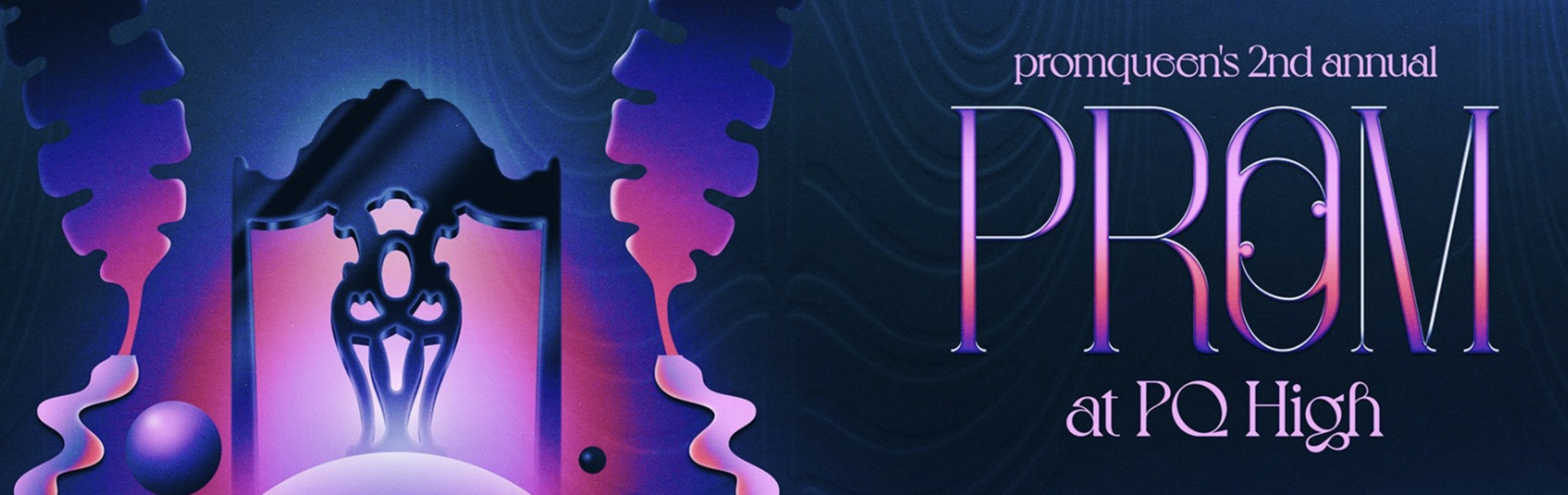 event flyer. promqueen's 2nd annual prom at pq high. background is indigo with black vintage chair framed by purple gradient colored palm leaves. 80s atmospheric aesthetic