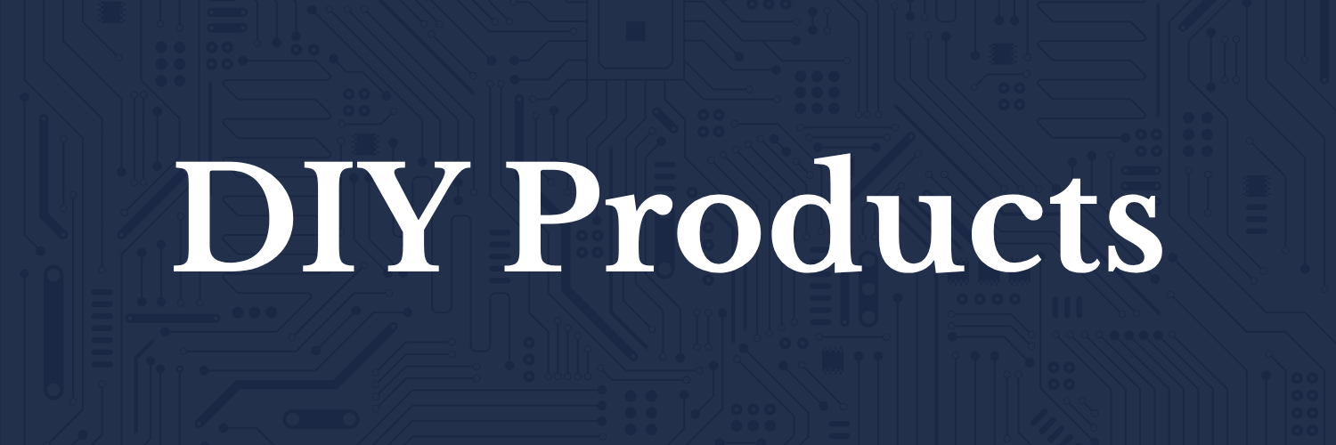 Banner with a dark blue circuit-pattern background and large white text reading “DIY Products"