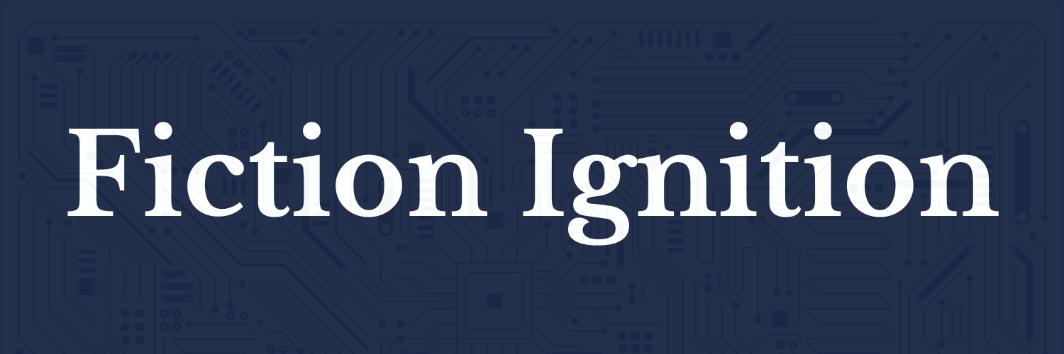 Banner with a dark blue circuit-pattern background and large white text reading “Fiction Ignition"