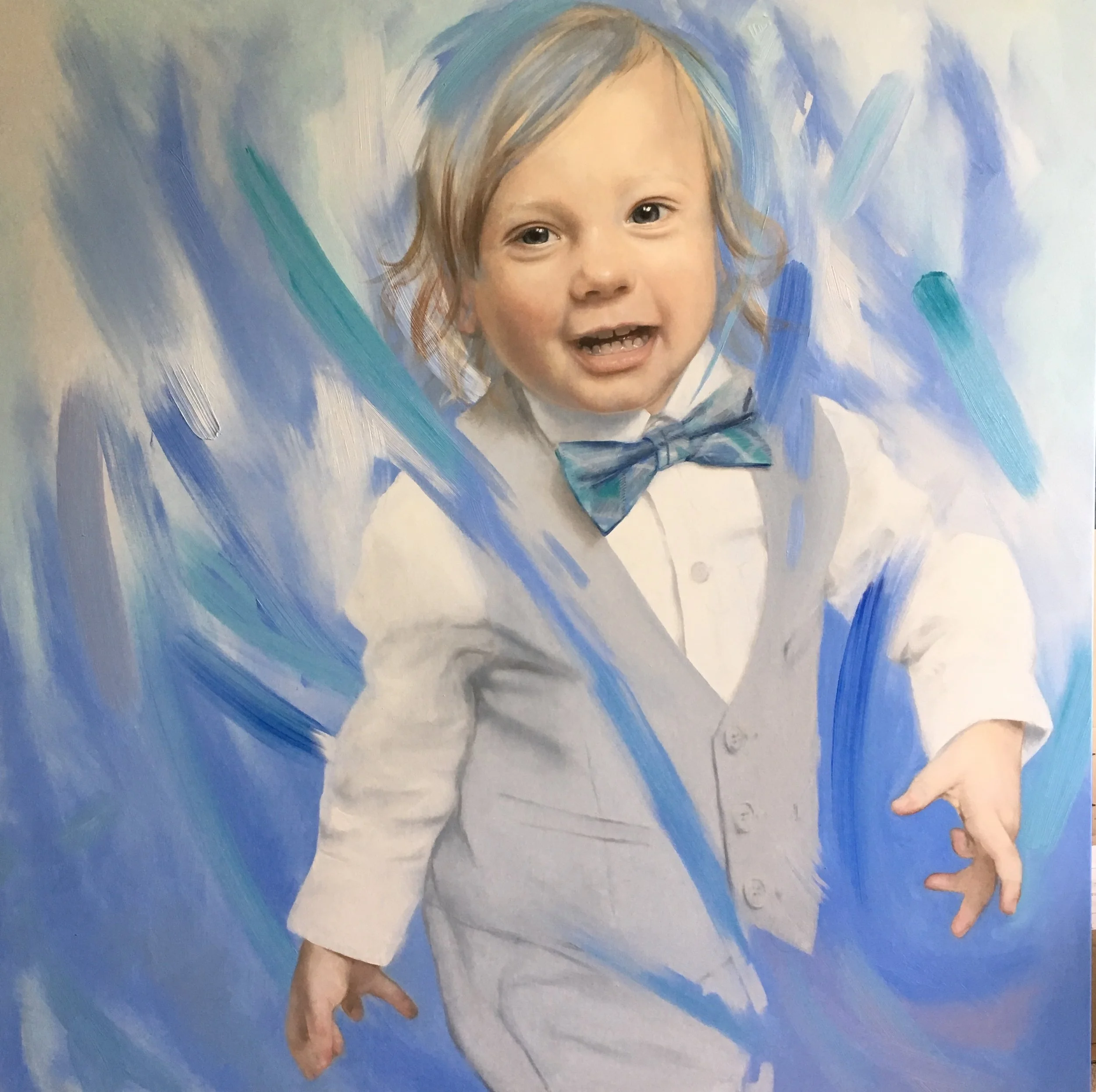 This commission was a very large 1500x1500mm portrait where the client allowed me my own creative input to capture this little boys vibrancy.