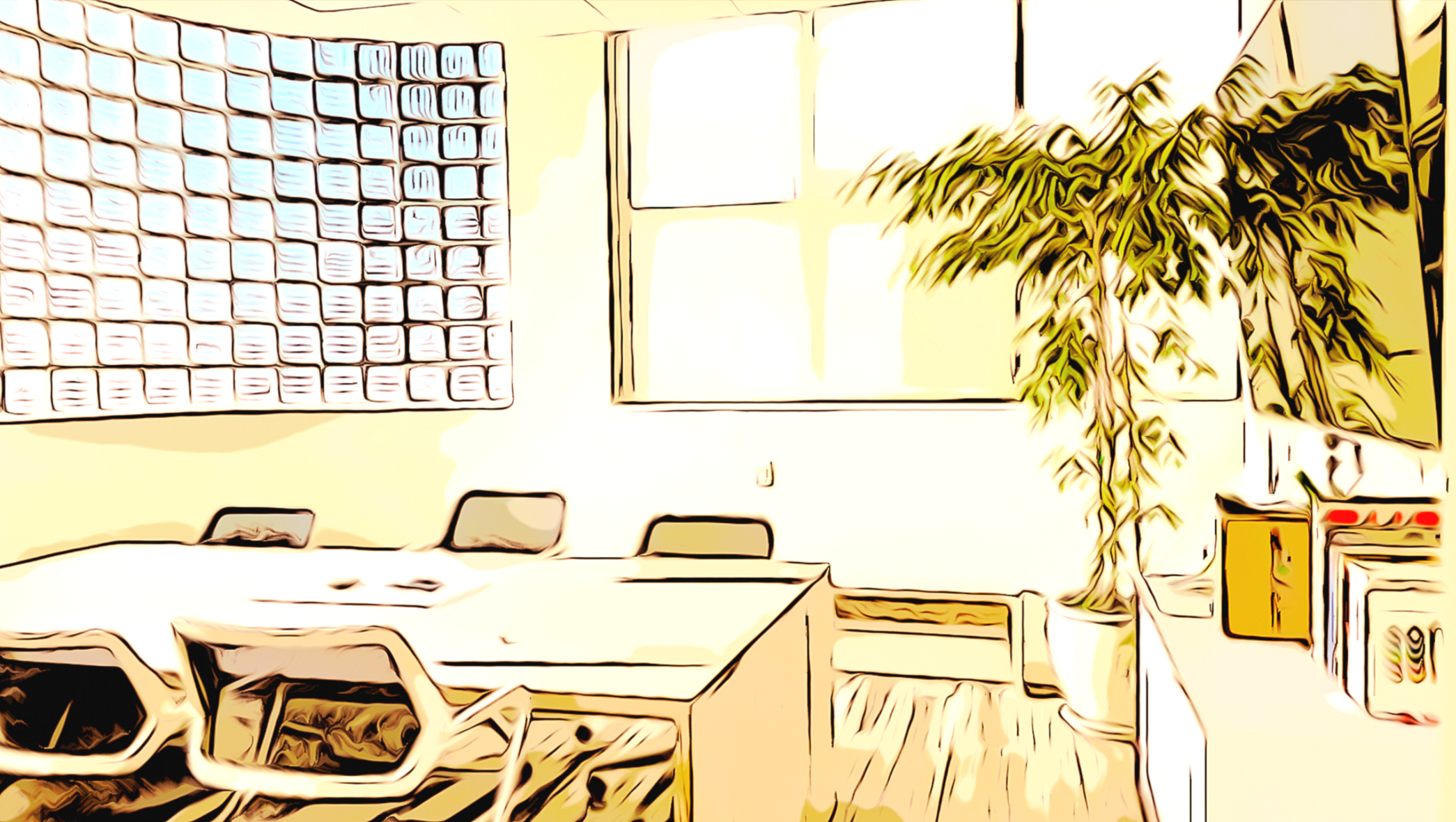 An office conference room with a large table surrounded by chairs, a large potted plant, and a wall with a grid of small whiteboards or cards.