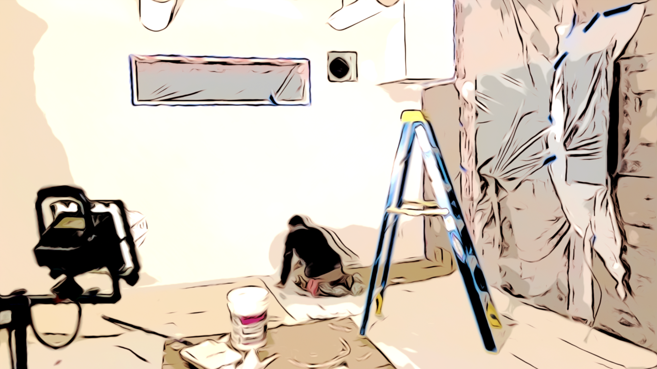 Person kneeling on the floor working on a wall behind a ladder, with painting supplies nearby, in a room under renovation.