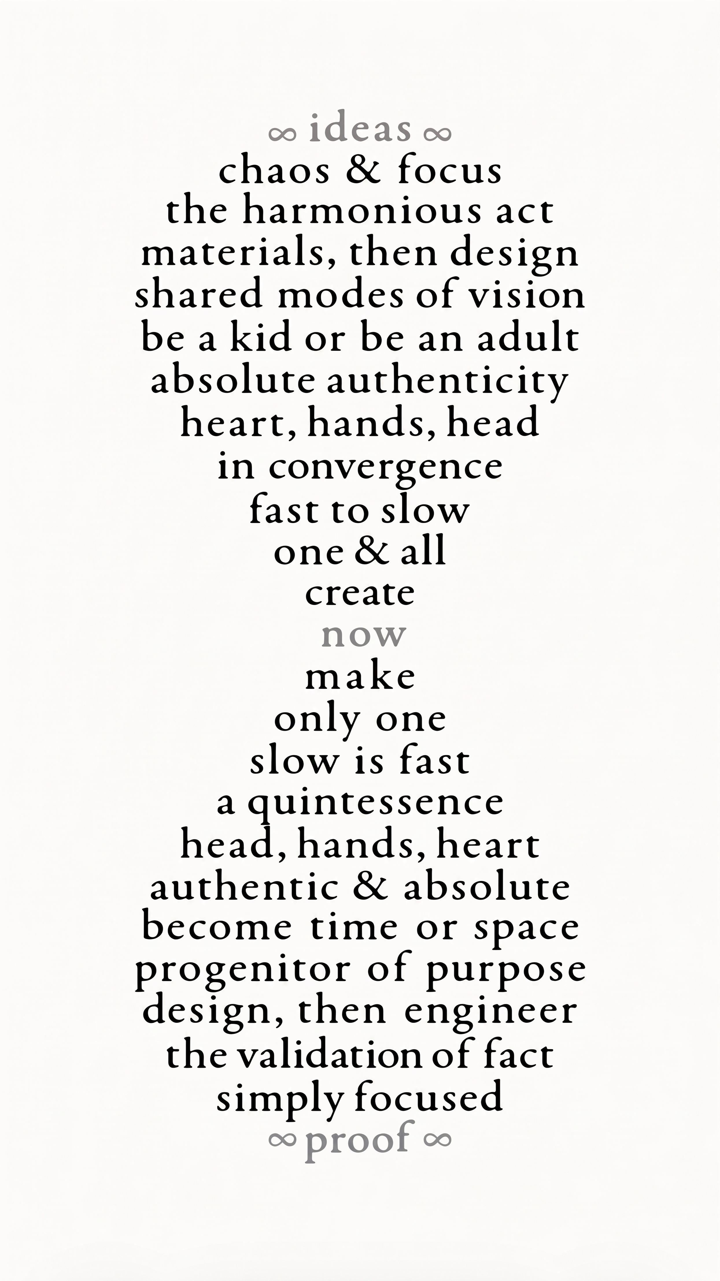 A passage of text emphasizing ideas, chaos, focus, authenticity, and the process of design and validation.