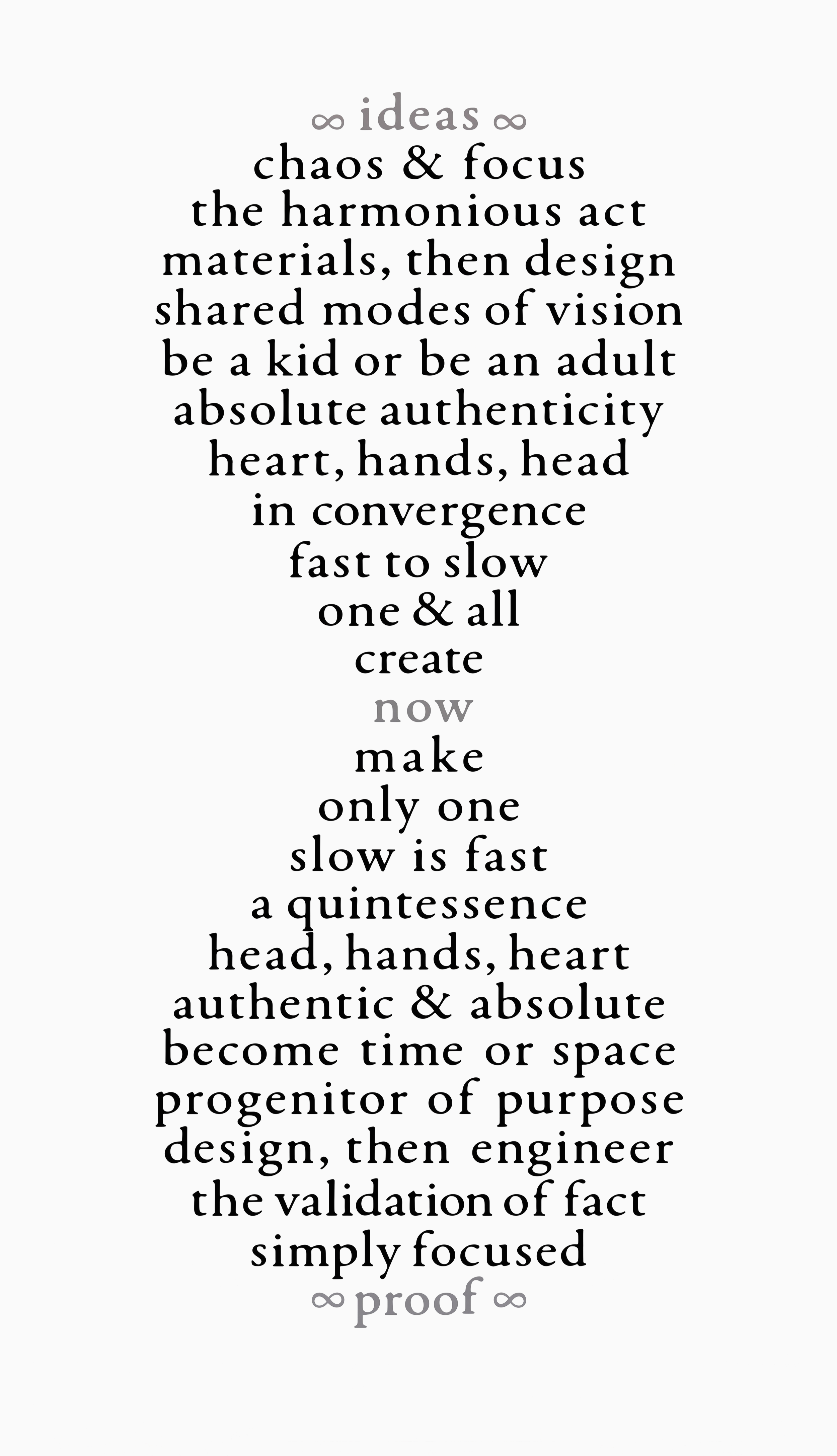 A motivational quote about ideas, chaos, focus, design, authenticity, purpose, and validation, displayed in black and gray text on a white background.