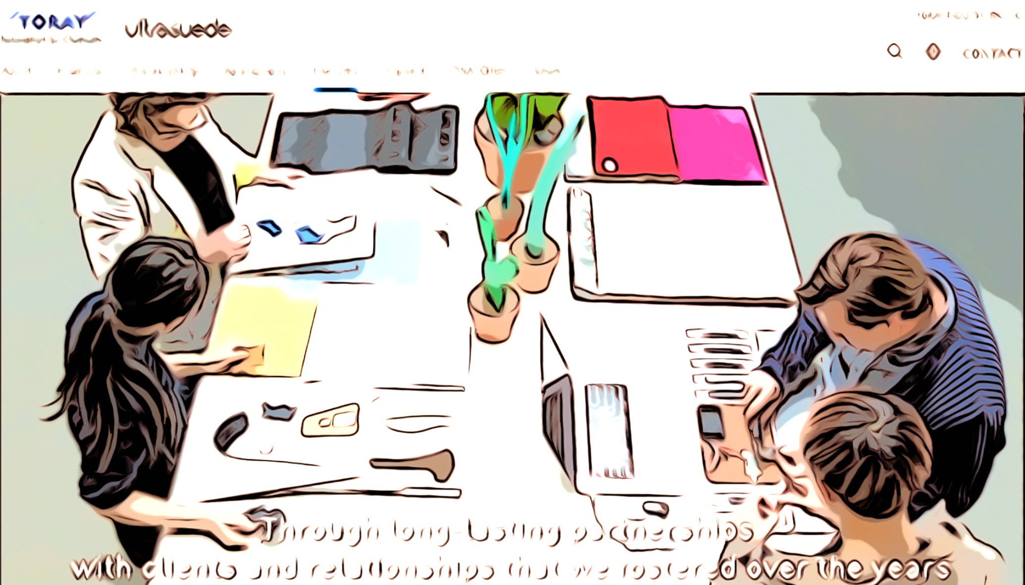 People gathered around a table working on laptops, tablets, and smartphones in a modern meeting room with potted plants.