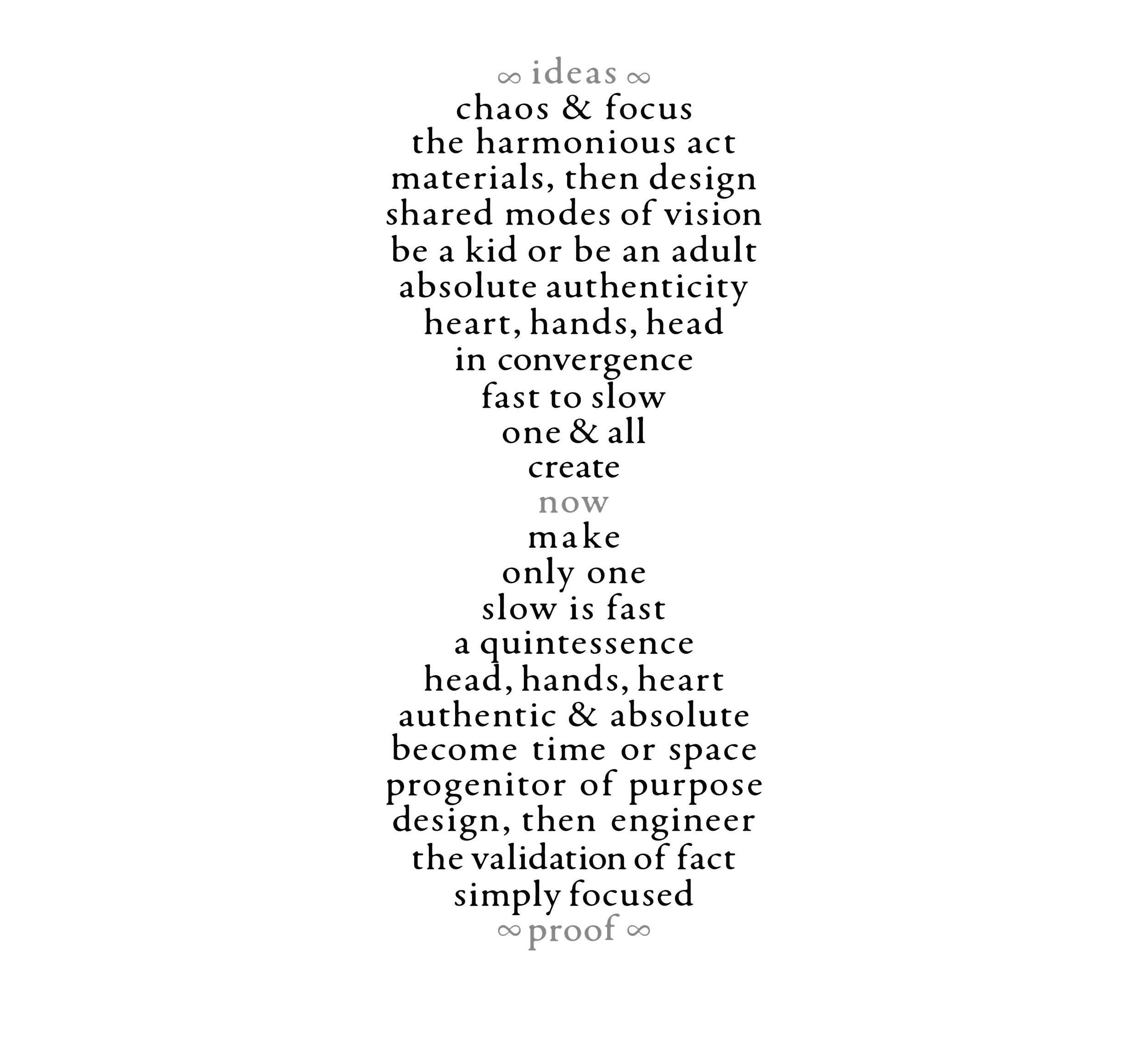 A black background with white and red overlaid text, including words like ideas, chaos, focus, authenticity, and proof, with some phrases in decorative fonts and some underlined.