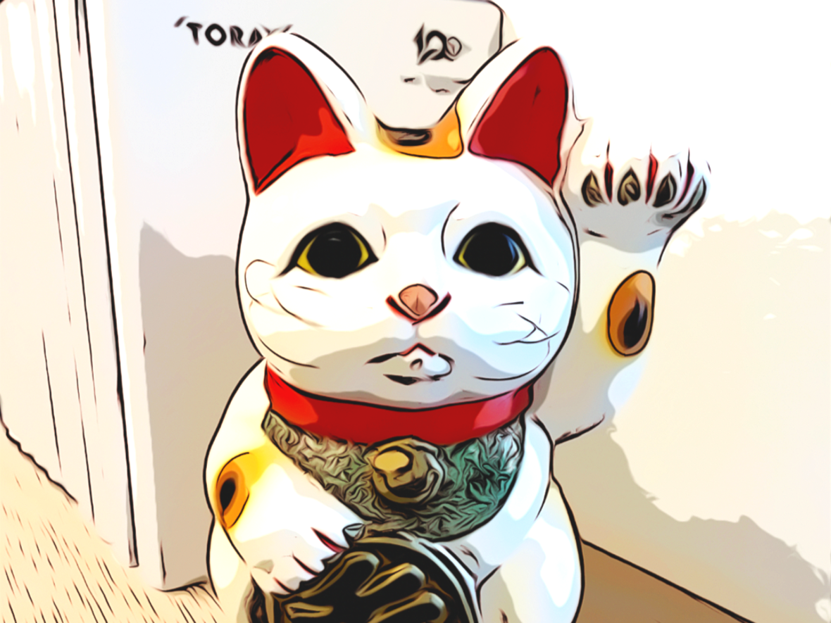 Cartoon-style digital illustration of a Japanese lucky cat (Maneki-neko) with large black eyes, red ears, and paws raised in welcoming gestures. The cat has a red collar with a gold bell and a decorative green bib. In the background, a wall clock displays 12:00.
