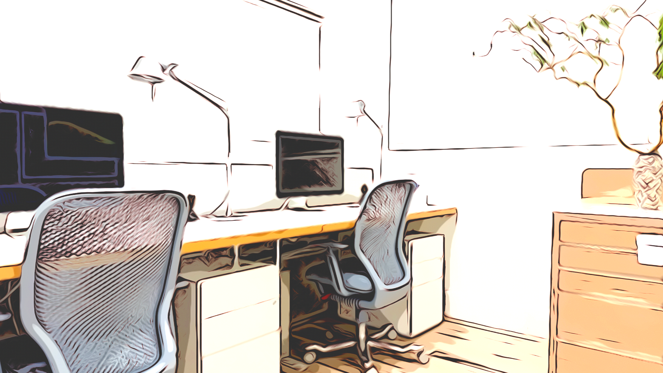 A modern office with white walls, a desk with two computer monitors, a swivel office chair, a filing cabinet, and a potted plant on the right.