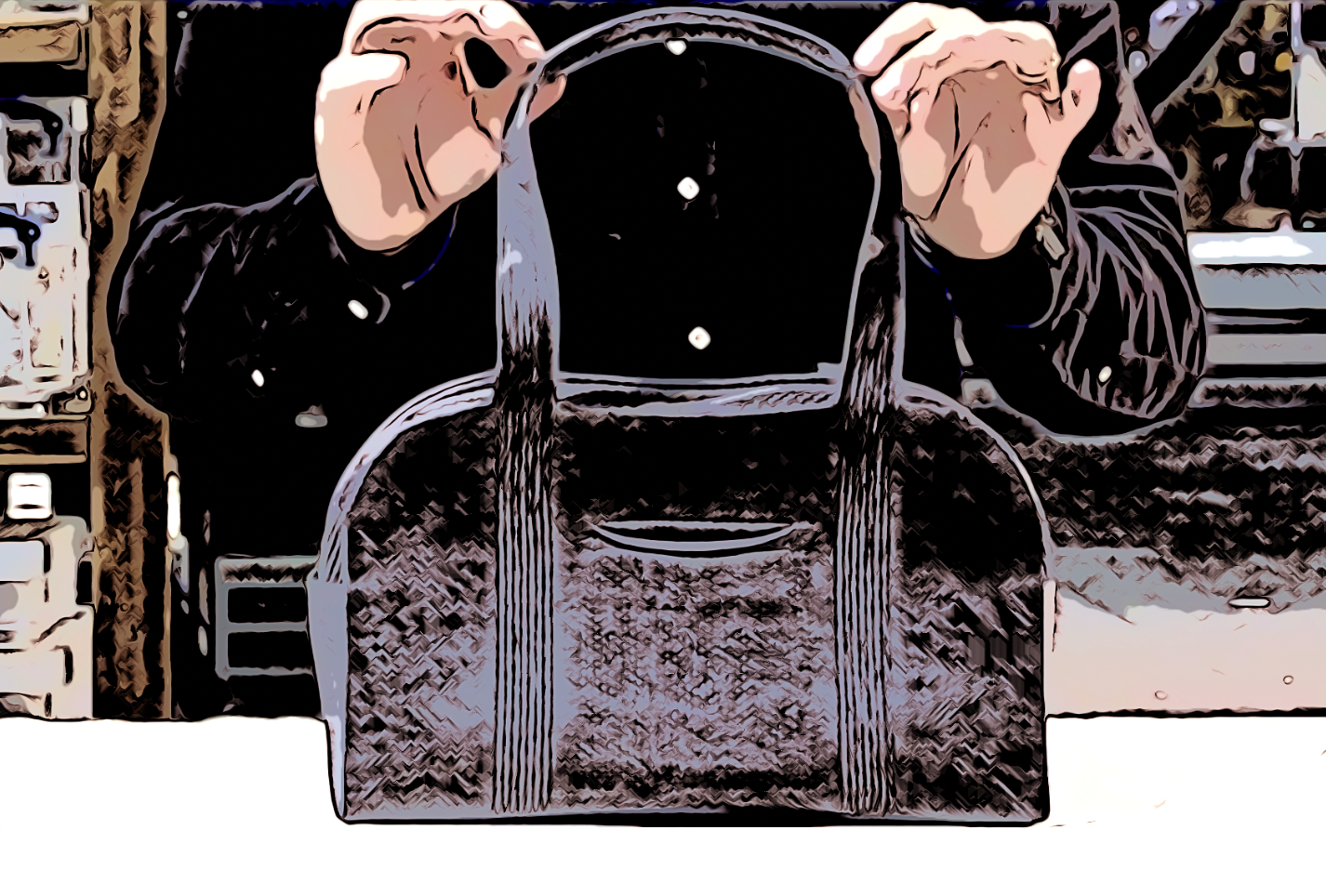 Ao knit-to-shape bag in a workshop space, with shelves containing various items in the background. They appear to be engaged with documents or small objects, and there is a potted plant with red flowers on the counter in front of them.